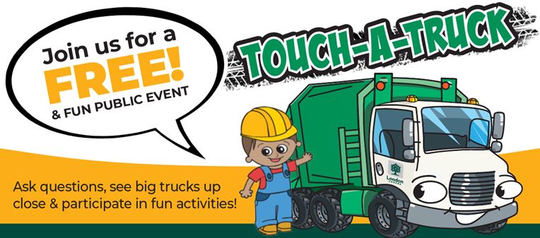 An illustration of a waste management truck and a title "Touch a Truck"