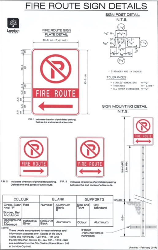 Example of design and installation standards for fire route signs. 