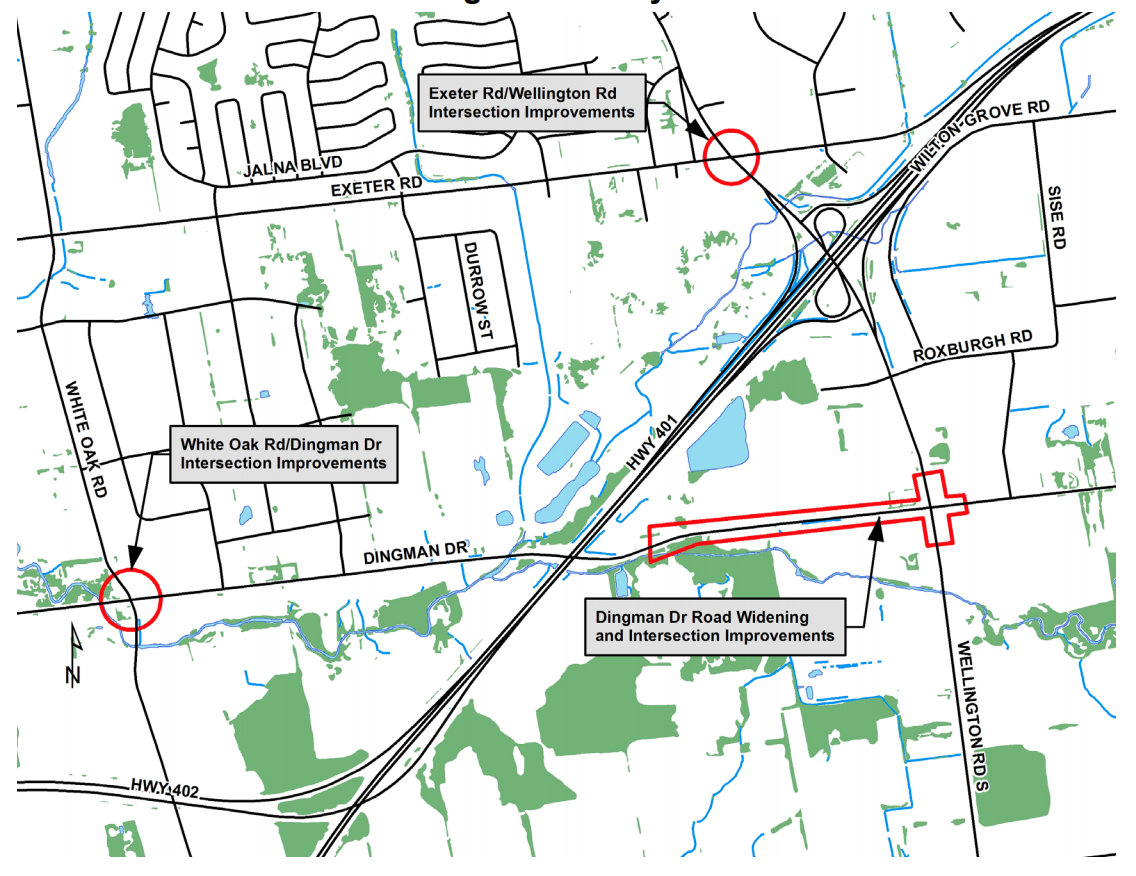 This map shows the section of Dingman Drive covered by the Environmental Assessment, from Wellington Road South to White Oak Road. The intersection of White Oak Road and Dingman Drive is also being considered for improvement and is highlighted. For more information, please contact Michelle Morris by emailing mmorris@london.ca or calling 519-661-2489 extension 5806.