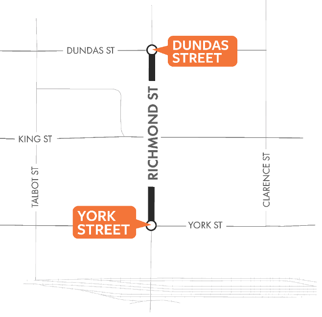 The project area which is located on Richmond Street between York Street and Dundas Street. For more information, please contact Larry Davidson by emailing ldavidso@london.ca or calling 519-661-2489 Ext. 2101