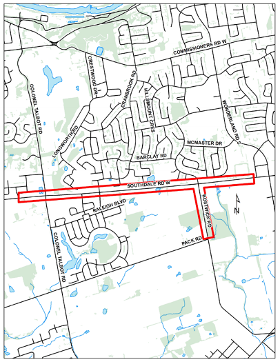 The study area included Southdale Road West between Pine Valley Boulevard and Colonel Talbot Road. The study also addressed Bostwick Road, north of Pack Road. For more information, please contact Michelle Morris by emailing mmorris@london.ca or calling 519-661-2489 extension 5806.