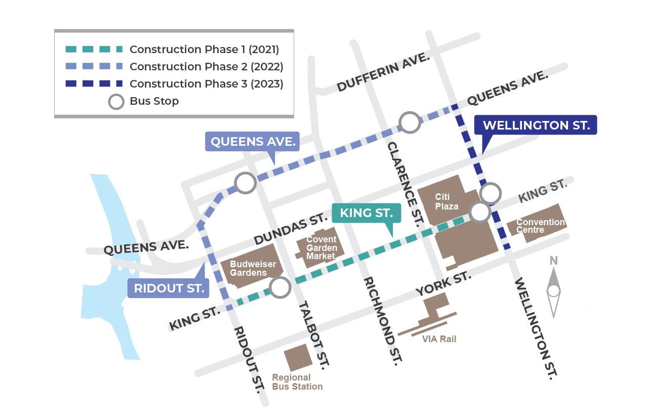 The Downtown Loop will frame Dundas Place and run buses along Queens Avenue, Ridout Street, King Street, and Wellington Street. For more information, please contact Jennie Dann by calling (519) 661-2489 x 5823 or by emailing jdann@london.ca