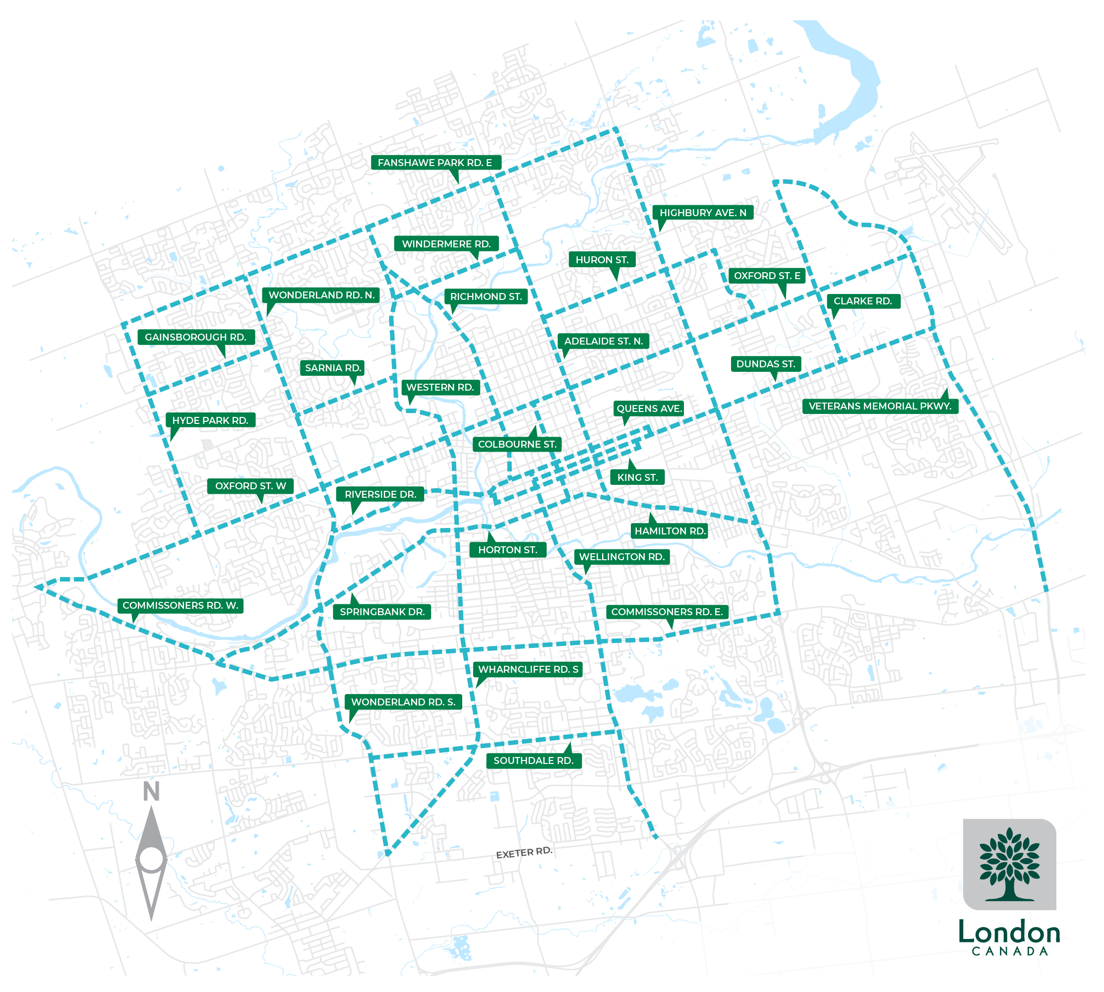 A map of intelligent traffic signal corridors in London. For more information, please contact the Traffic management centre at tmc@london.ca