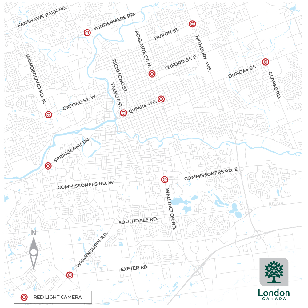 The locations of all the red light cameras in London. For more information, please contact Jon Kostyniuk at jkostyniuk@london.ca or by calling 519 661-2489, ext. 4748
