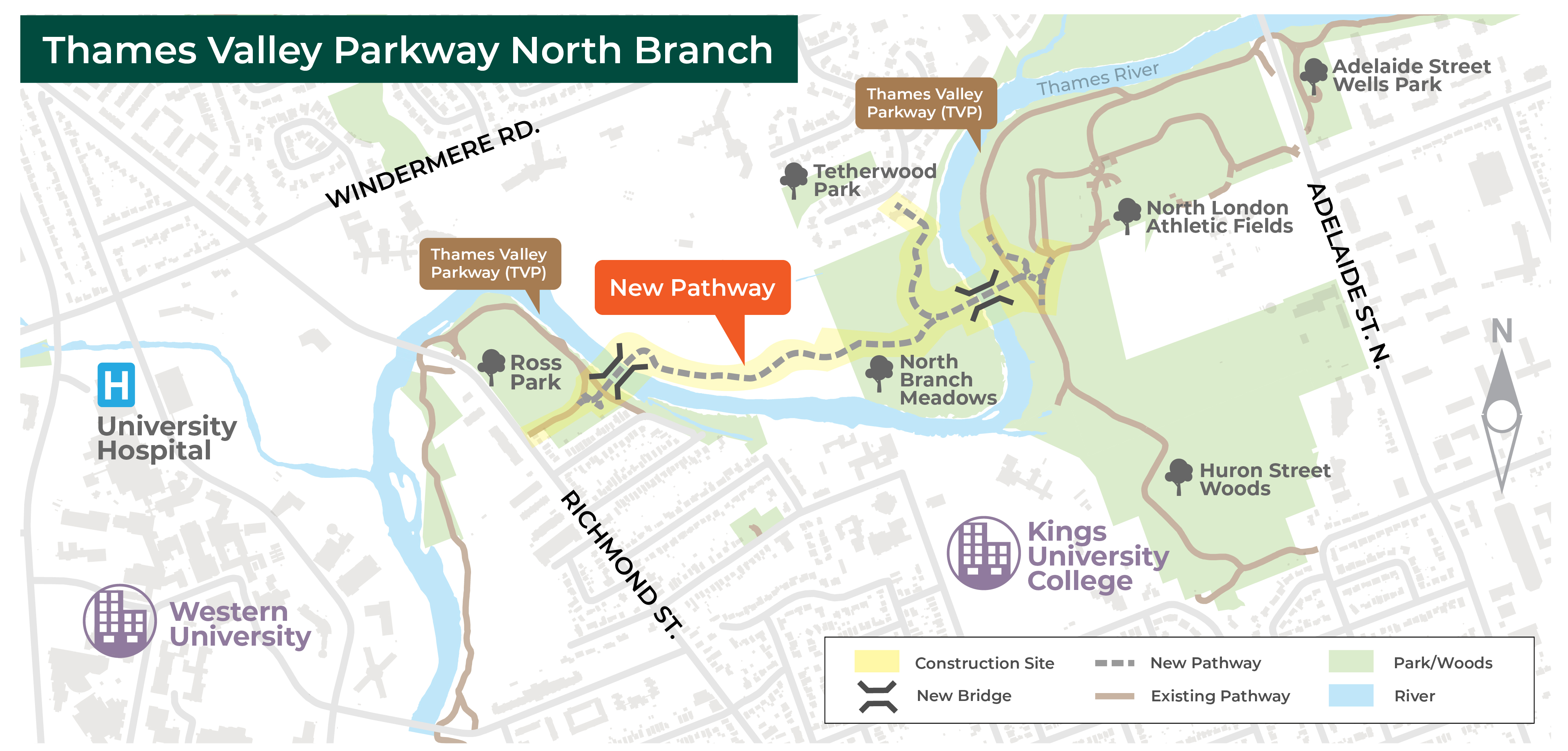 A map of the Thames Valley Parkway north branch and the new bridges and pathways completed. Please contact cocc@london.ca for more information. 