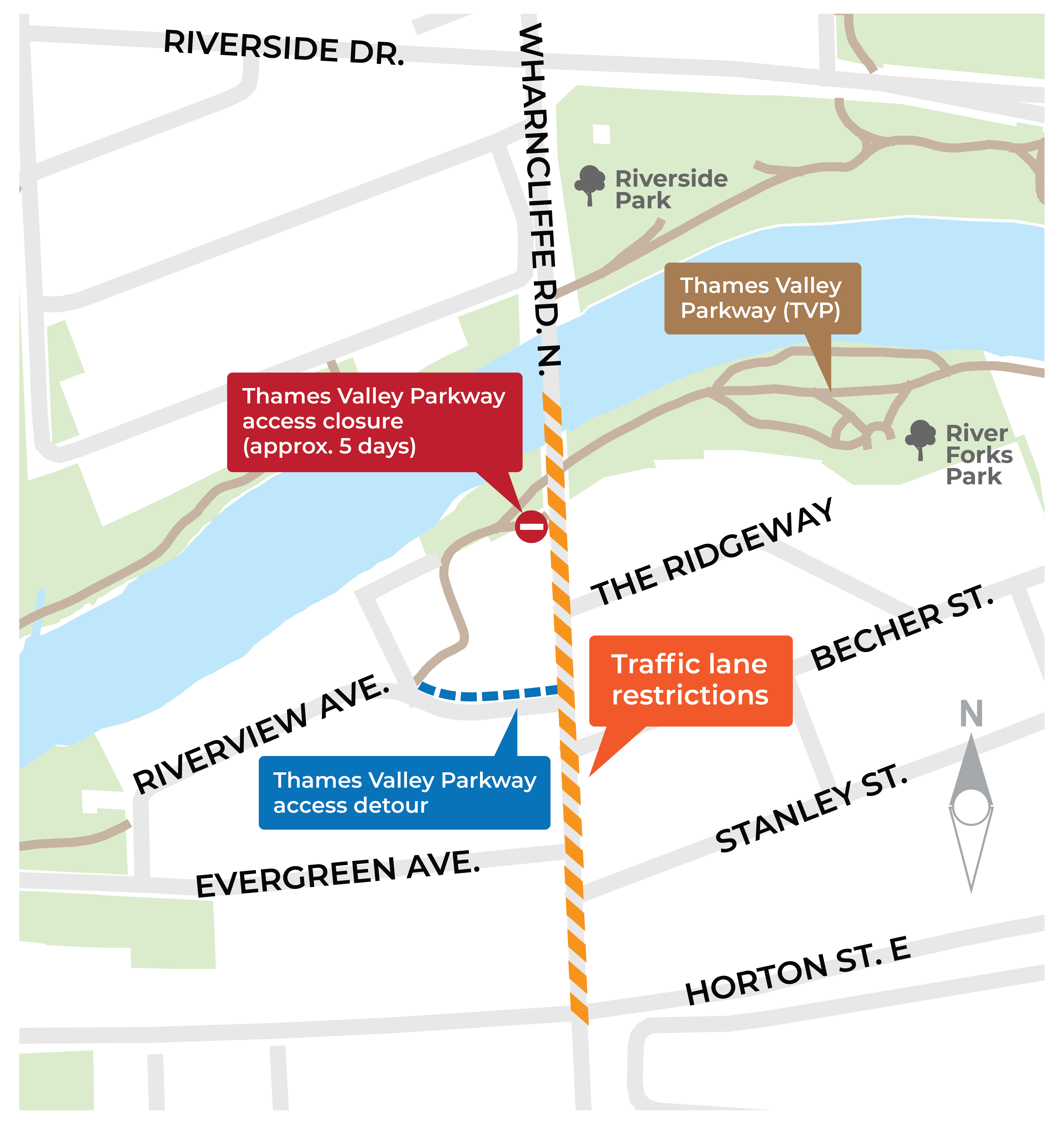Starting November 9, Wharncliffe Road will have lane restrictions from Horton Street to the Thames River (just north of the Ridgeway.) The TVP Wharncliffe Road entrance will also be closed on November 9 for approximately five days. For more information, please contact Garfield Dales at gdales@london.ca or by calling 519-661-2489 x4637 