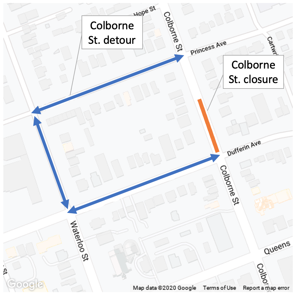 The Colborne Street closure and detour route. For more information, please contact Jaden Hodgins Environmental Service Engineer City of London  519-661-2489 ext. 1781 jhodgins@london.ca