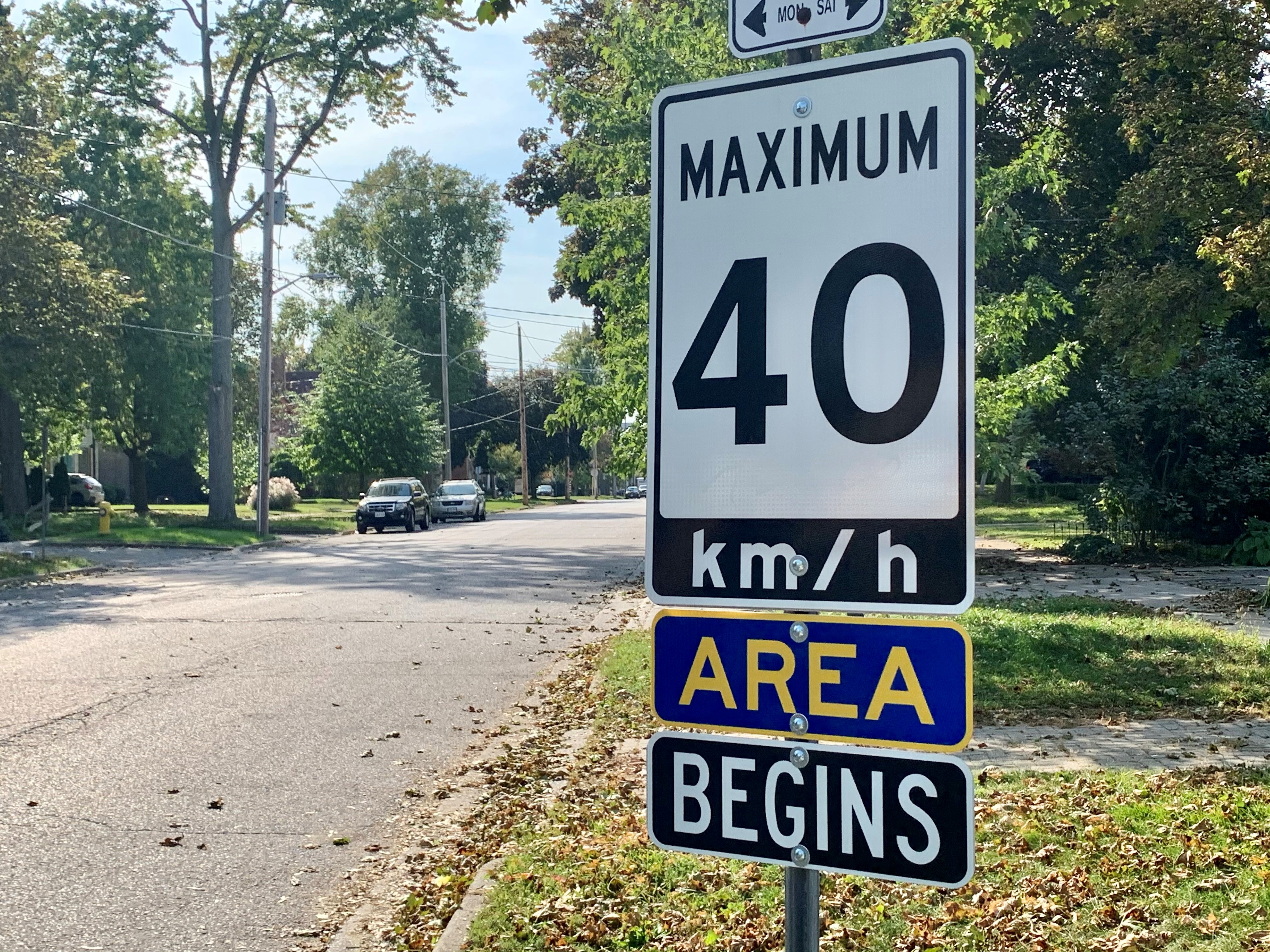 An area speed limit sign posted on a neighbourhood street. For more information or assistance, please contact cocc@london.ca