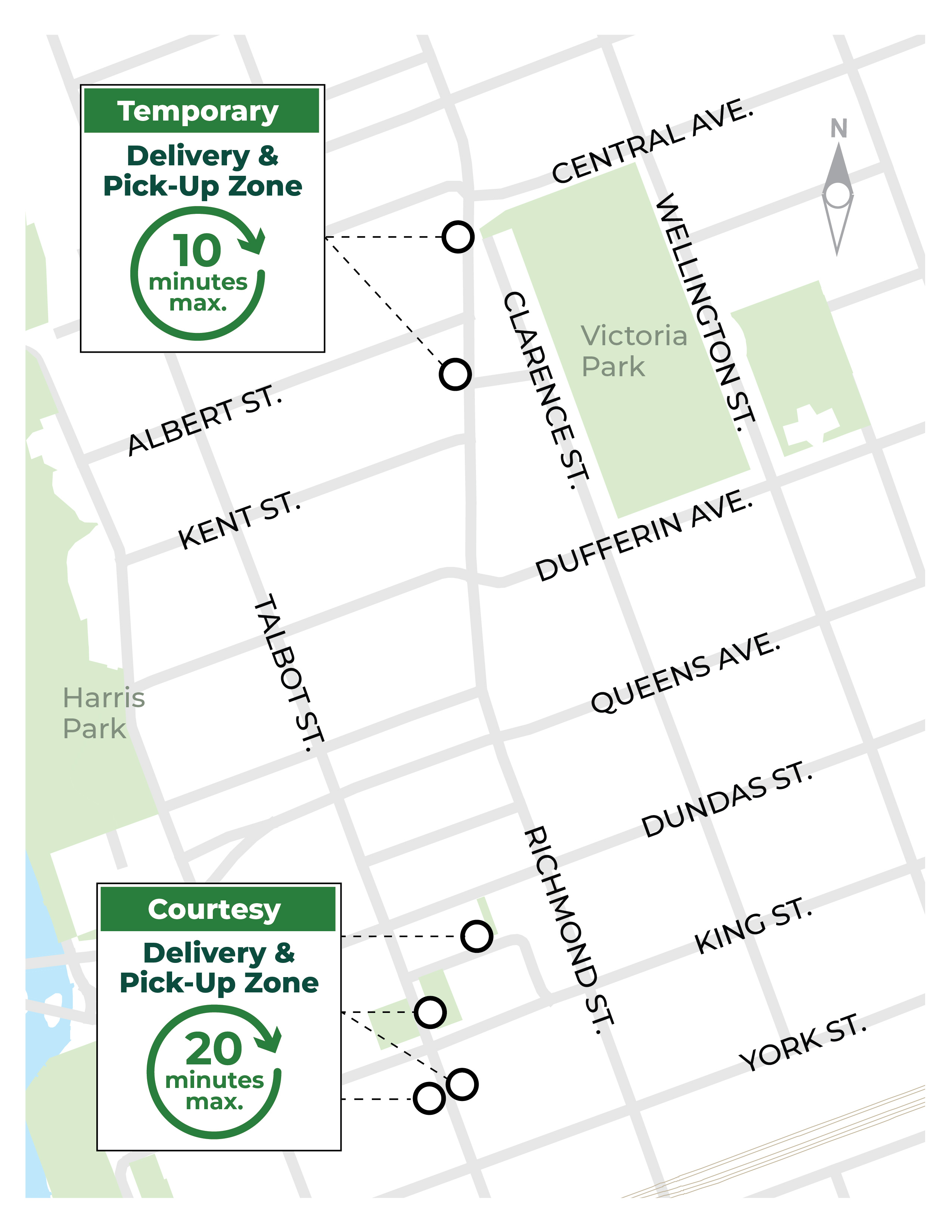 Map showing new “park & pick-up” parking locations downtown  (note: some locations have multiple spots). For more information, please email the B2B team at b2b@london.ca