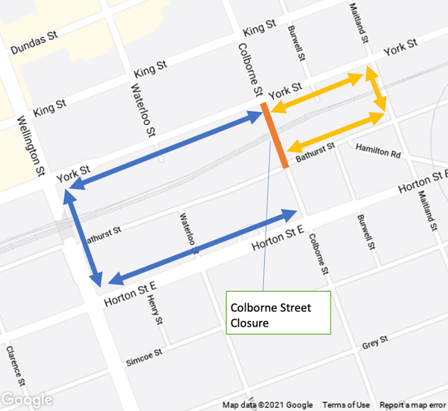 A map of the Colborne Street detour. For more information, please contact John Bos at jbos@london.ca or by calling 519-661-2489 x 7348