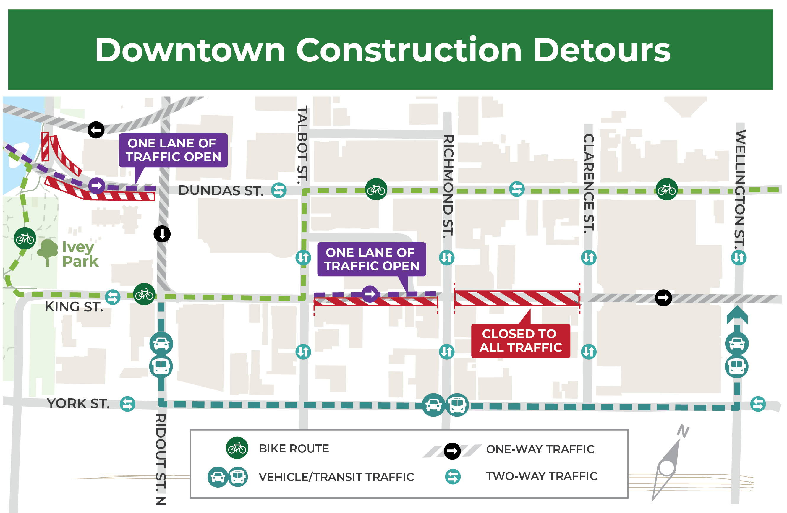 A map of downtown construction detours. For more information, please contact Jaden Hodgins at jhodgins@london.ca or by calling 519-661-2489 x 4074
