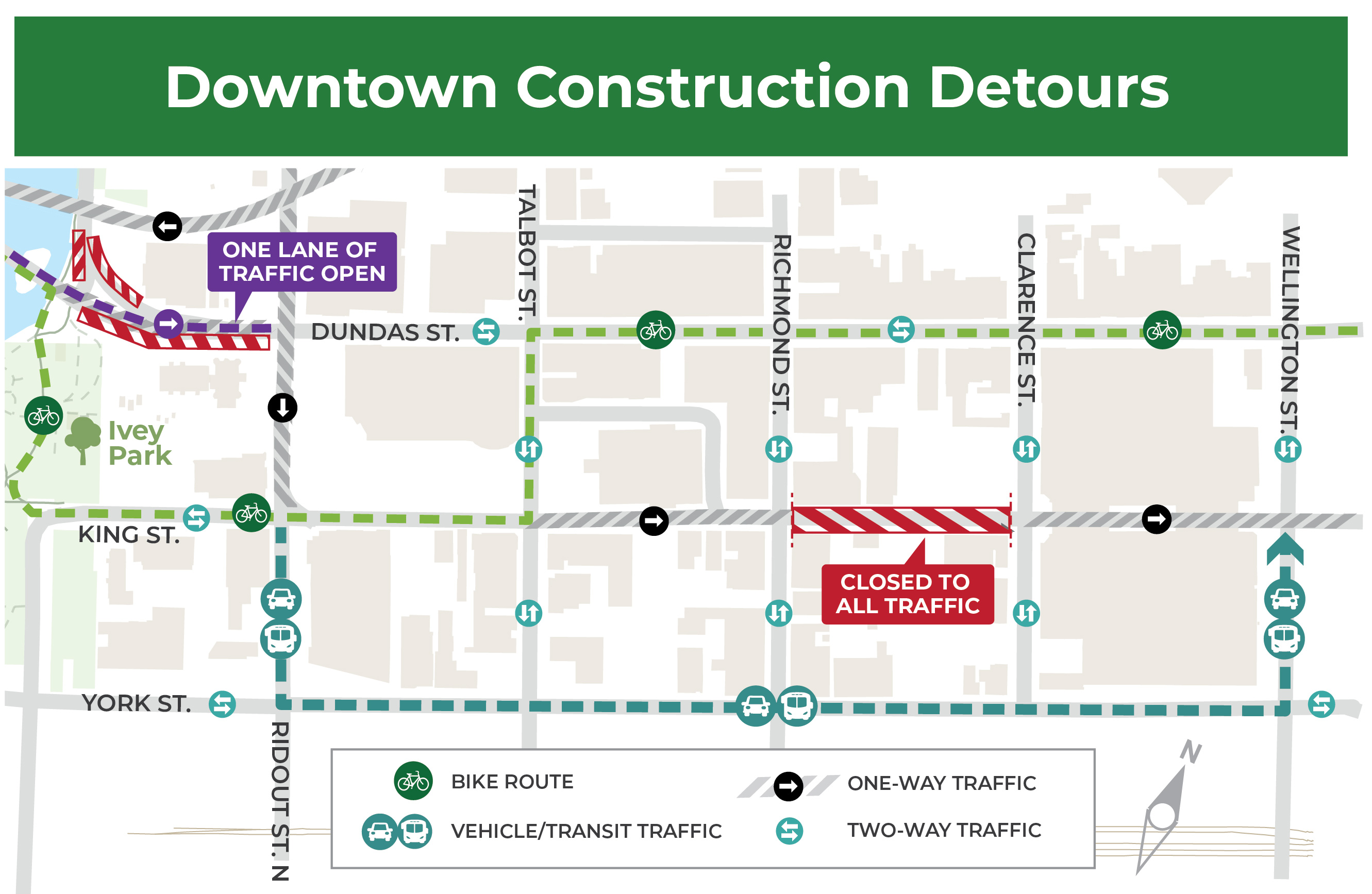 A map of the traffic impacts downtown. For more information, please contact Jaden Hodgins at jhodgins@london.ca or by calling 519-661-2489 x 1781