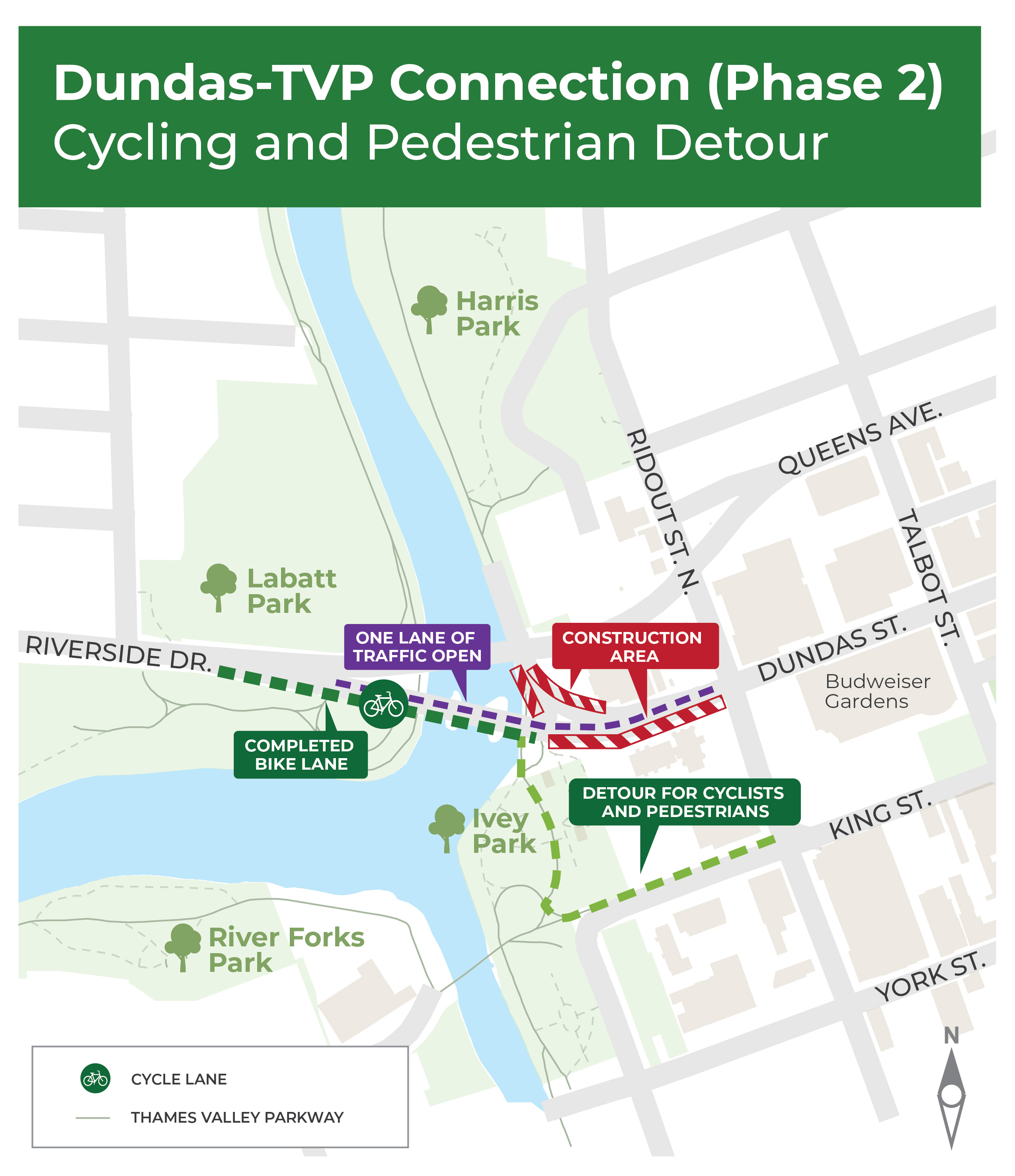 A map of the Dundas-TVP Construction detour. For more information, please contact Paul Yanchuk at pyanchuk@london.ca or by calling 519-661-2489 x 2563