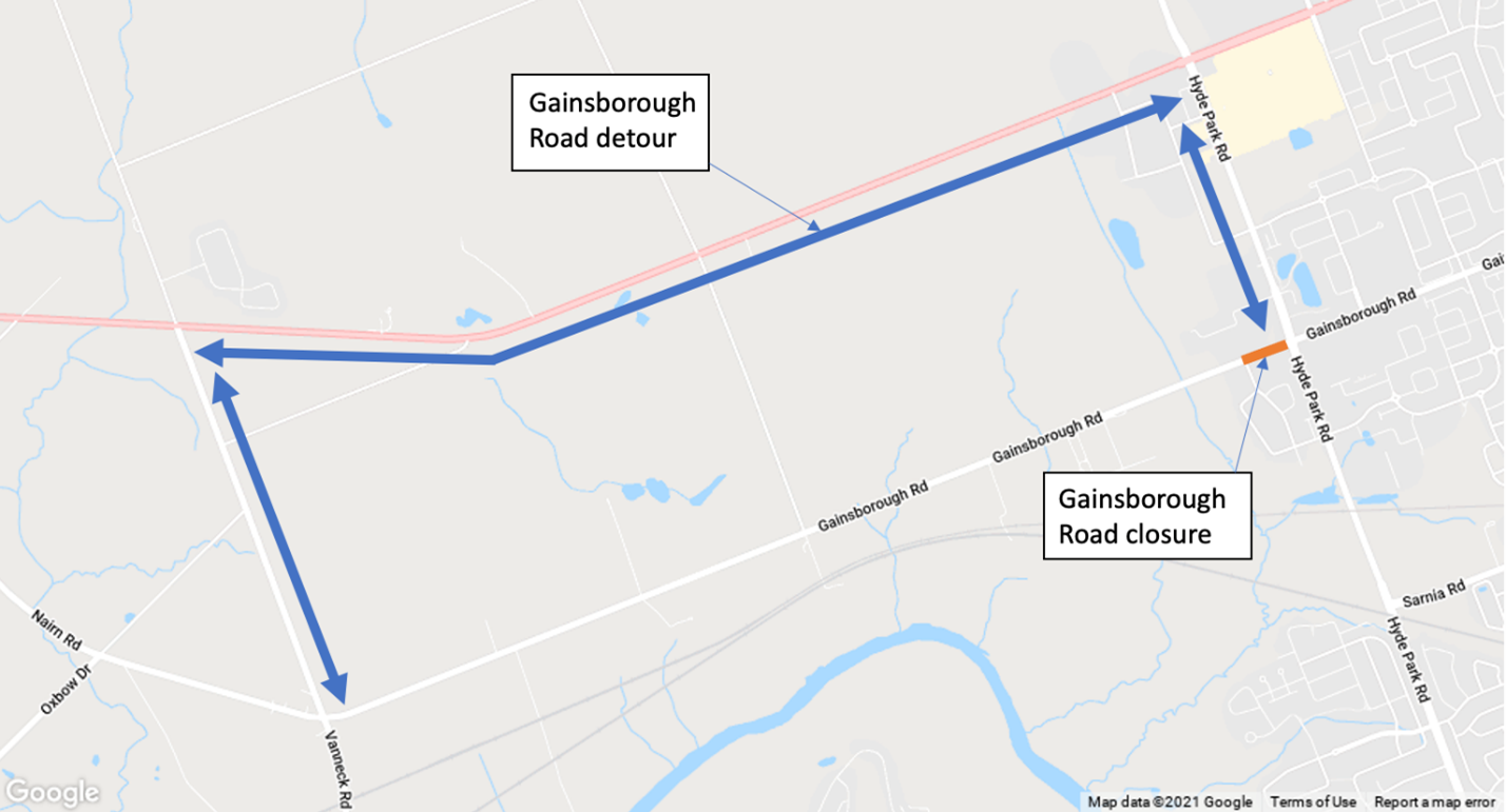 A map of the Gainsborough closure and detour route. For more information, please contact John Bos at jbos@london.ca or by calling 519-661-2489 x 7348