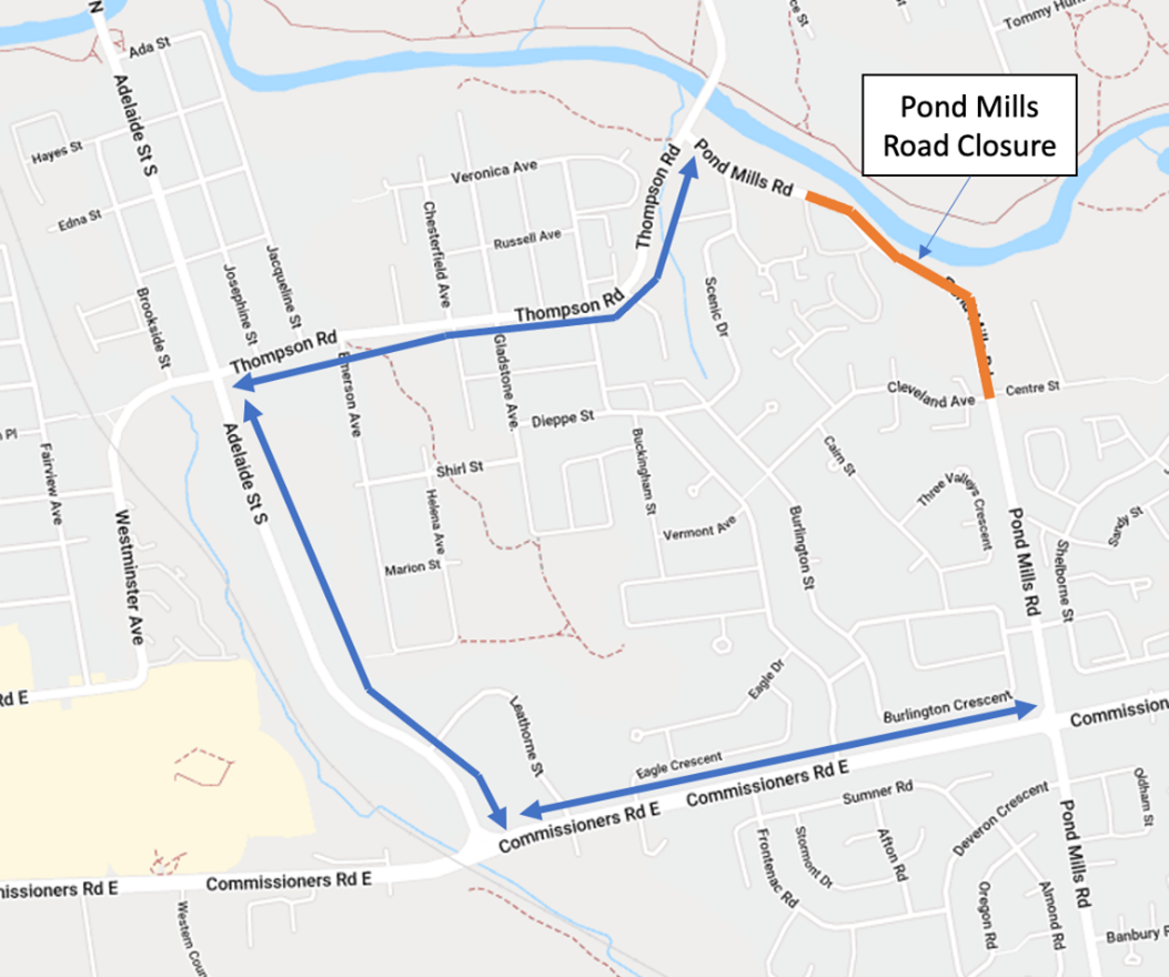 The Pond Mills Closure and Detour Route. For more information, please contact John Bos at jbos@london.ca or by caling 519-661-2489 x 7348