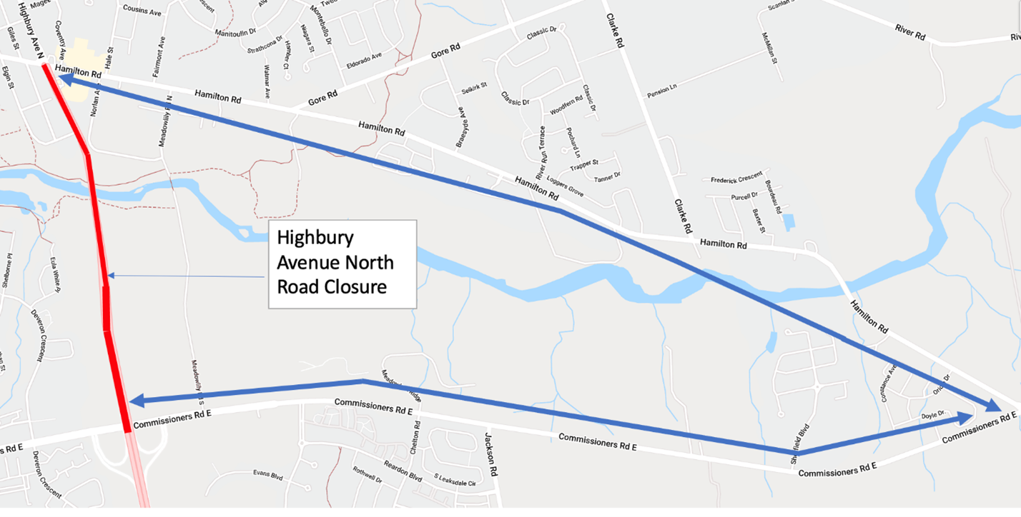 The Highbury Avenue North road closure and detour. For more information, please contact Karl Grabowski at kgrabows@london.ca or by calling (519) 661 2489 x 5071