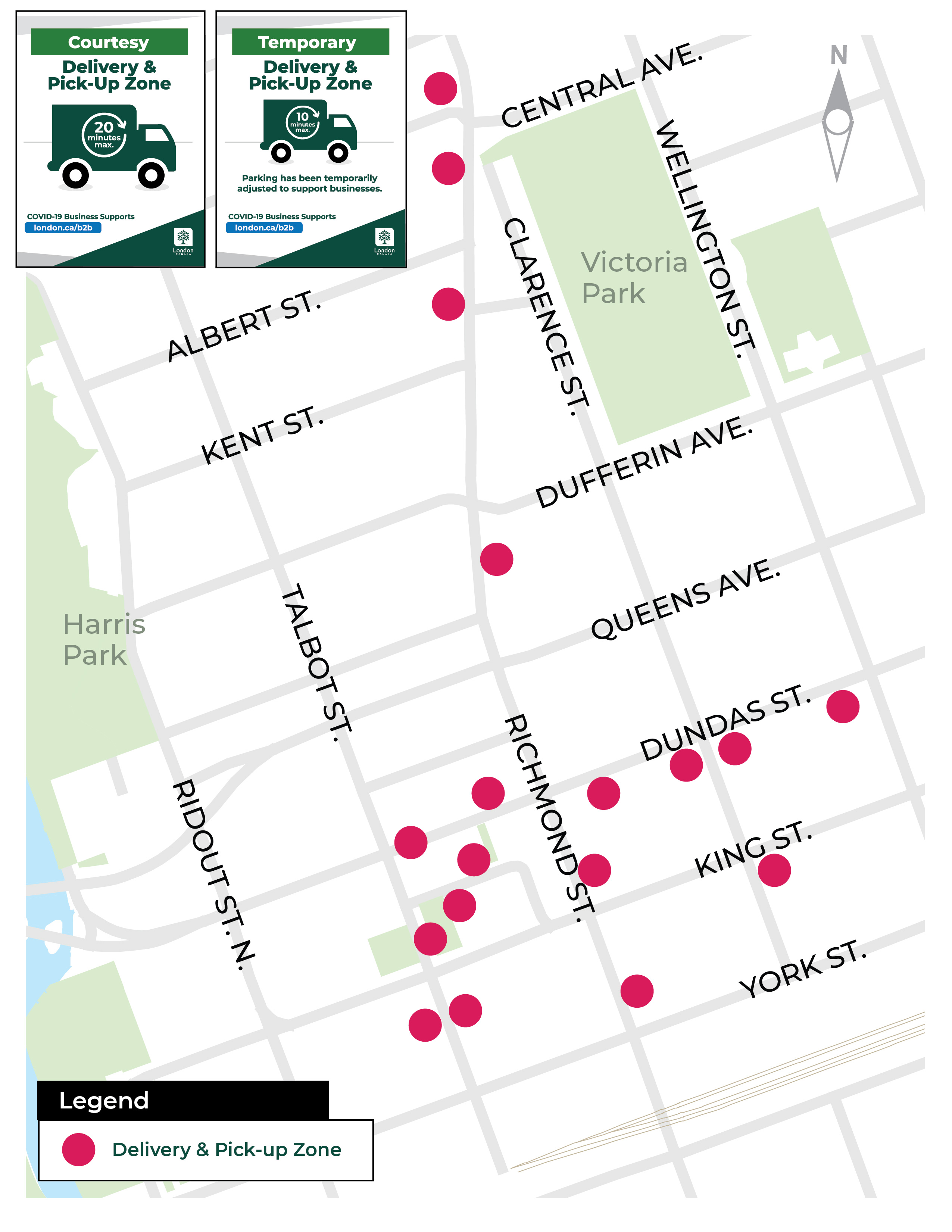 A map of park and pick-up locations downtown. For more information, please contact Parking Services at ParkingEnforcement@london.ca or by calling 519-661-4537