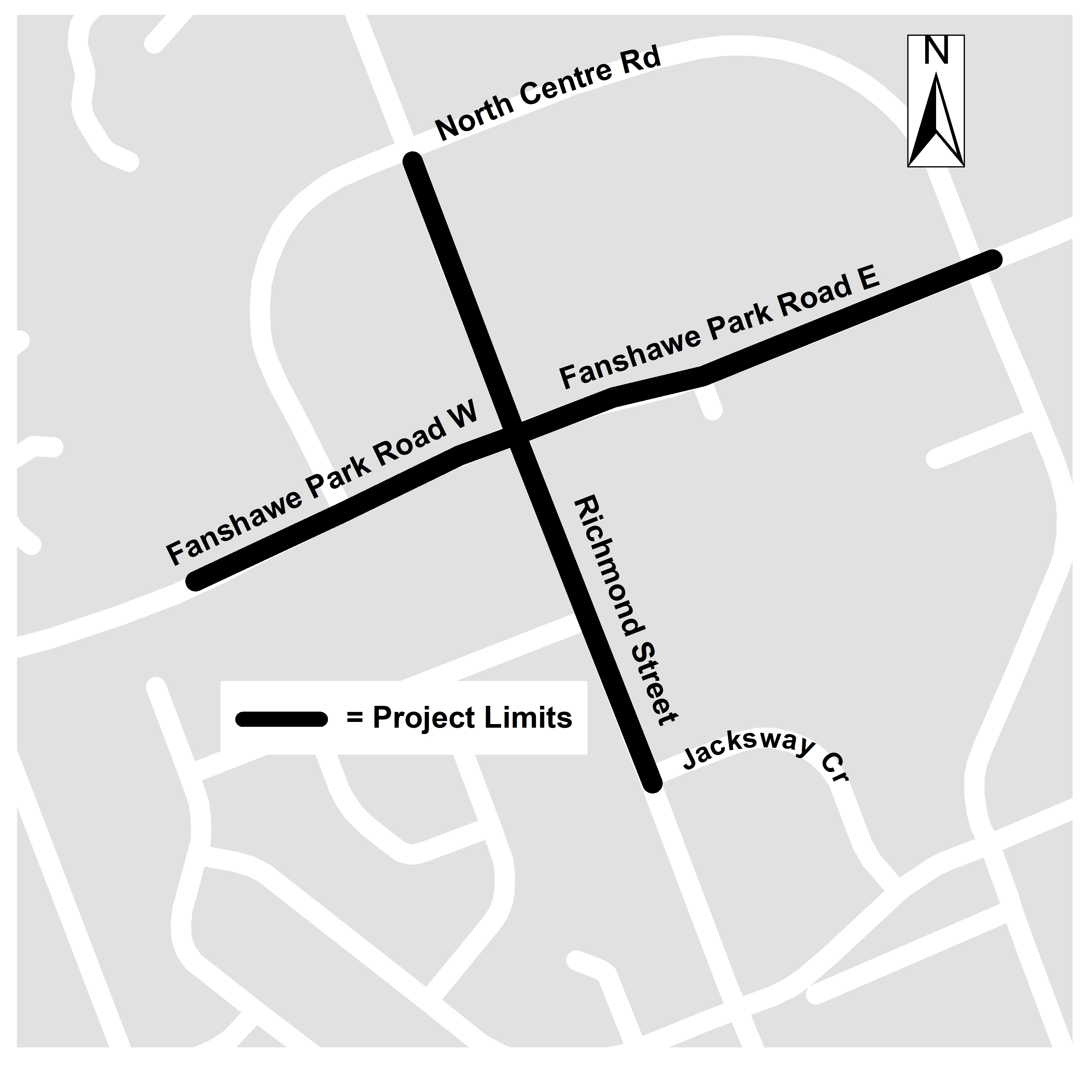 The Fanshawe Park Road and Richmond Street Intersection Improvements project area. For more information, please contact Michelle Morris at mmoris@london.ca or by calling 519-661-2489 x 5806