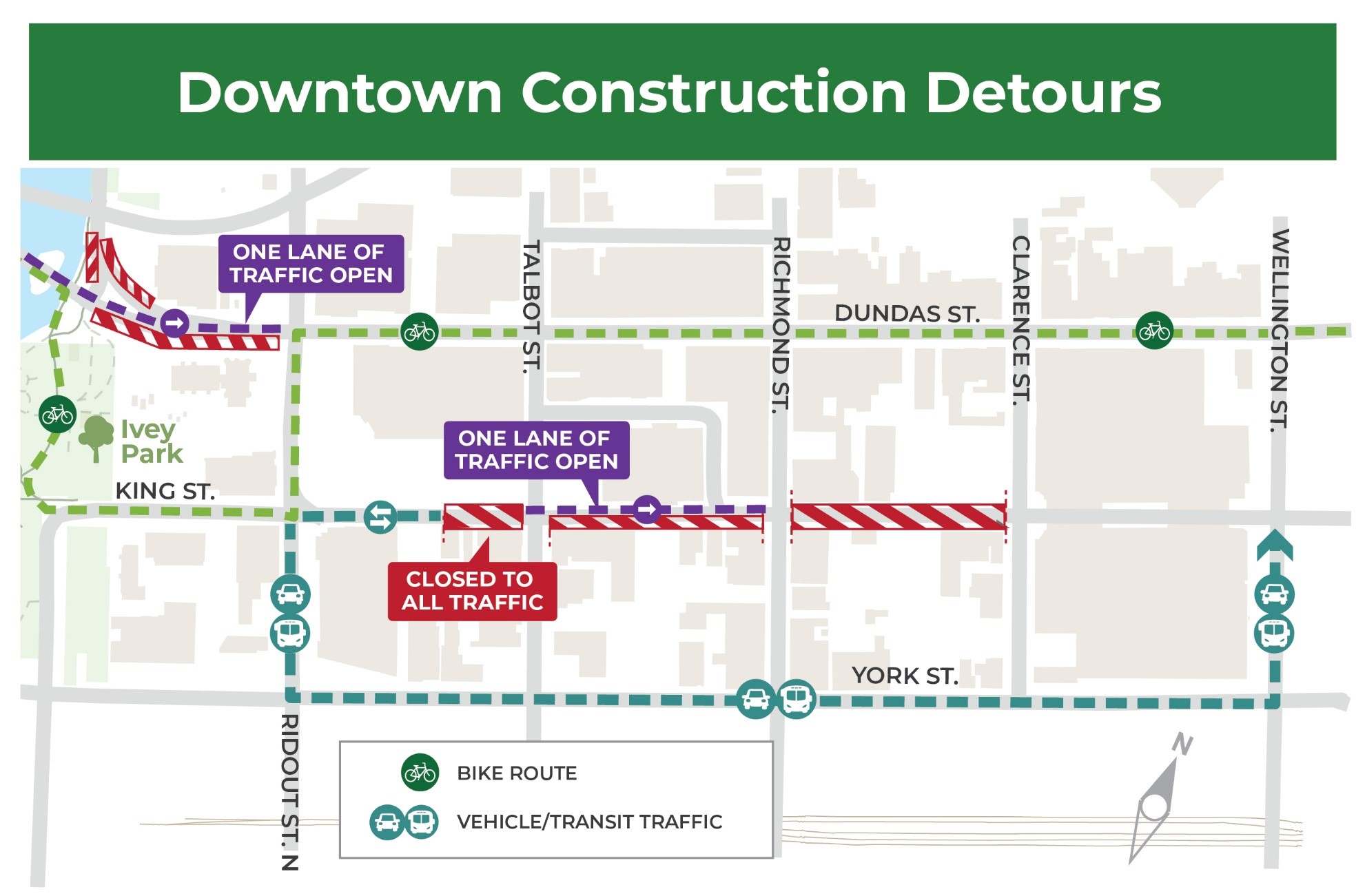 A map of construction on King Street downtown. For assistance, please contact cocc@london.ca