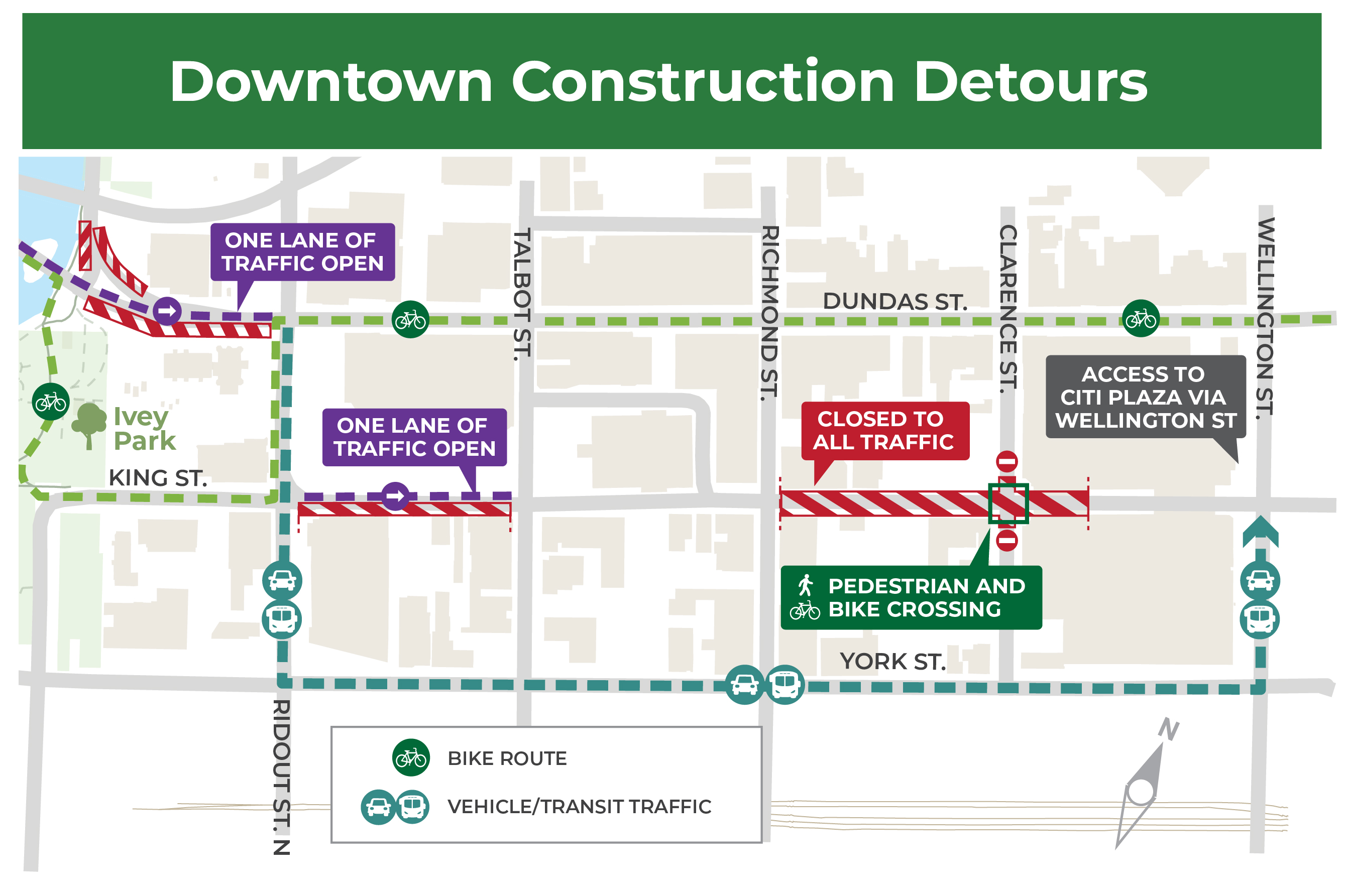 The intersection of King Street and Clarence Street will be closed to traffic beginning August 9. 