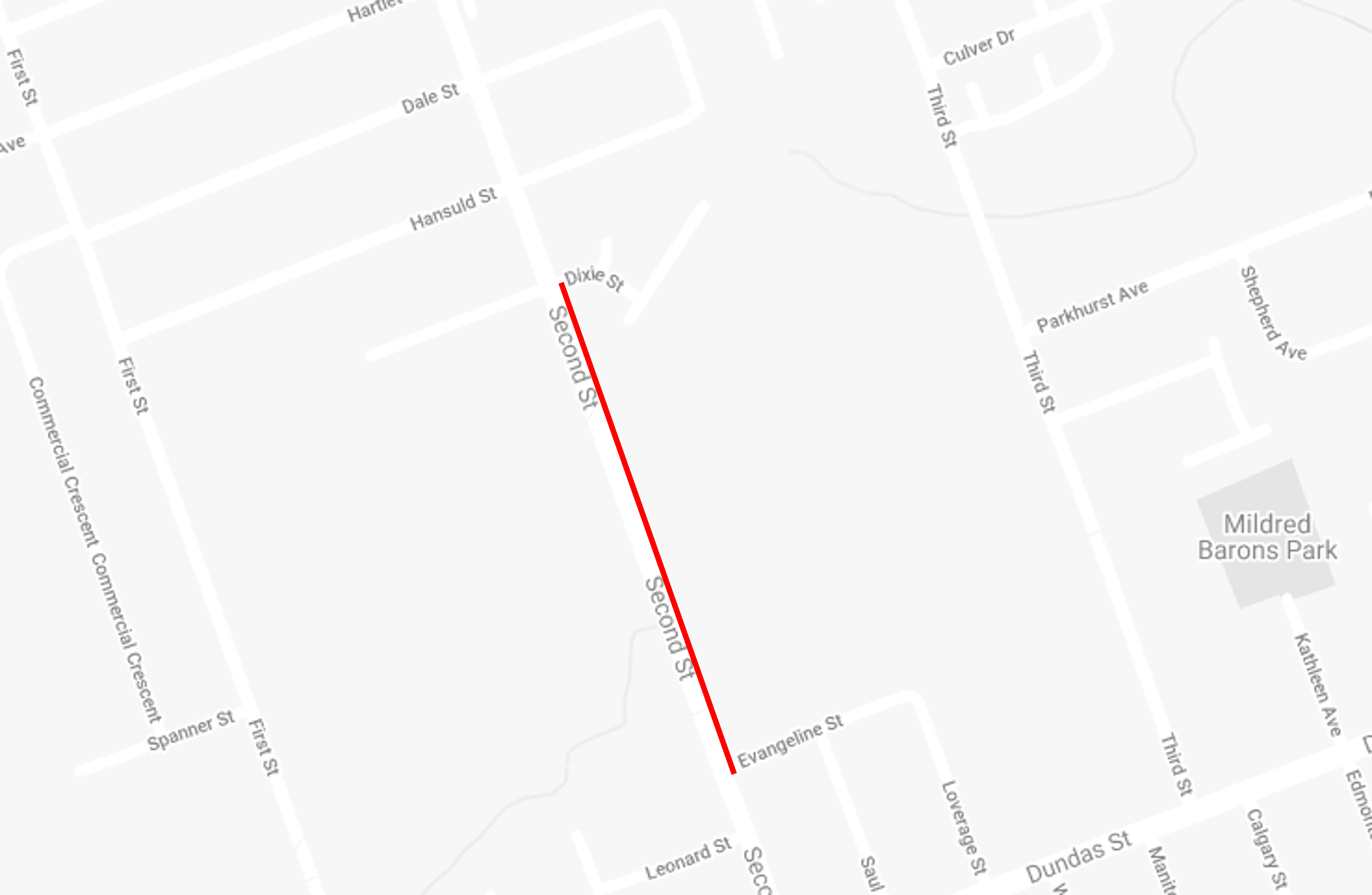 A map of the Second Street closure between Dixie and Evangeline Streets.