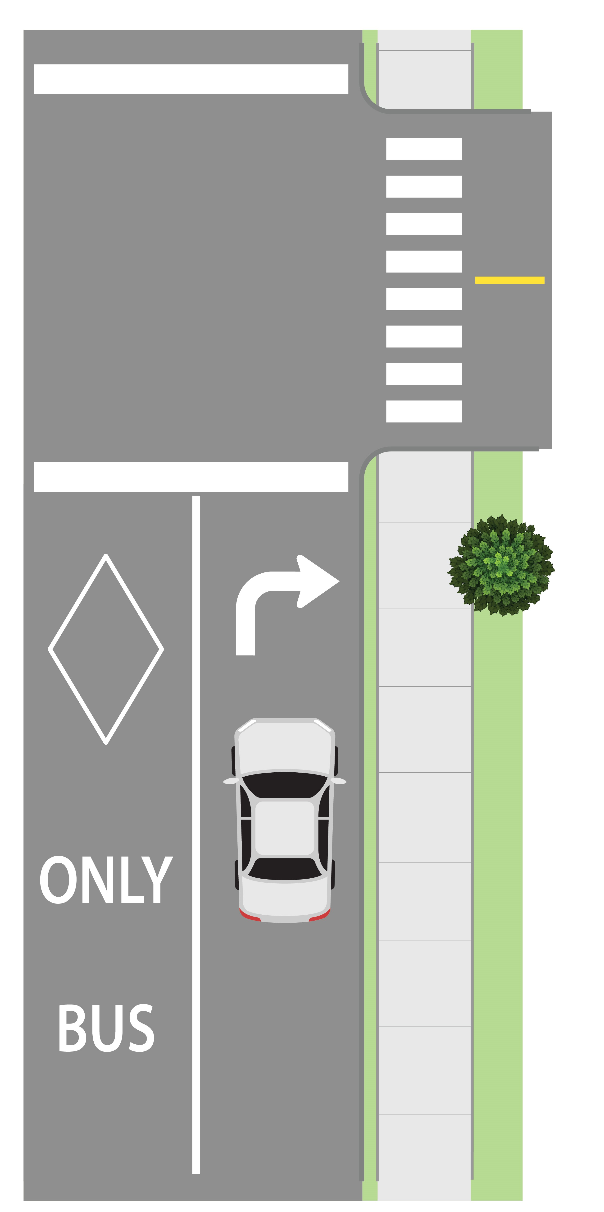 This graphic shows a through-lane for buses and dedicated right turn lane for vehicles.