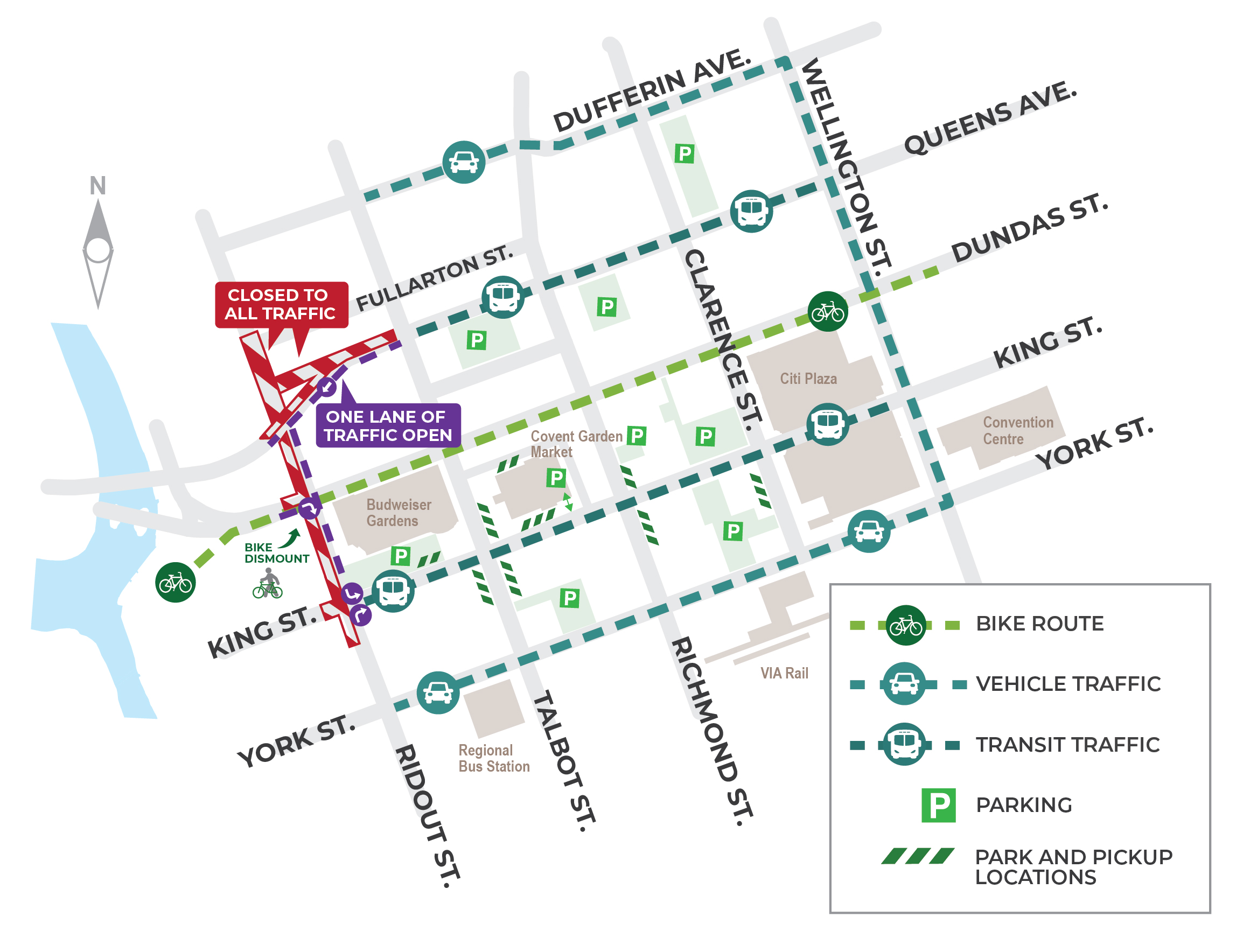This map shows the location of the Downtown Loop’s construction area on Queens Avenue and Ridout Street beginning March 28, 2022. Vehicle traffic will be detoured to Dufferin Avenue and York Street during these closures and restrictions. Transit operations will continue on Queens Avenue, but some routes may be detoured to nearby streets.