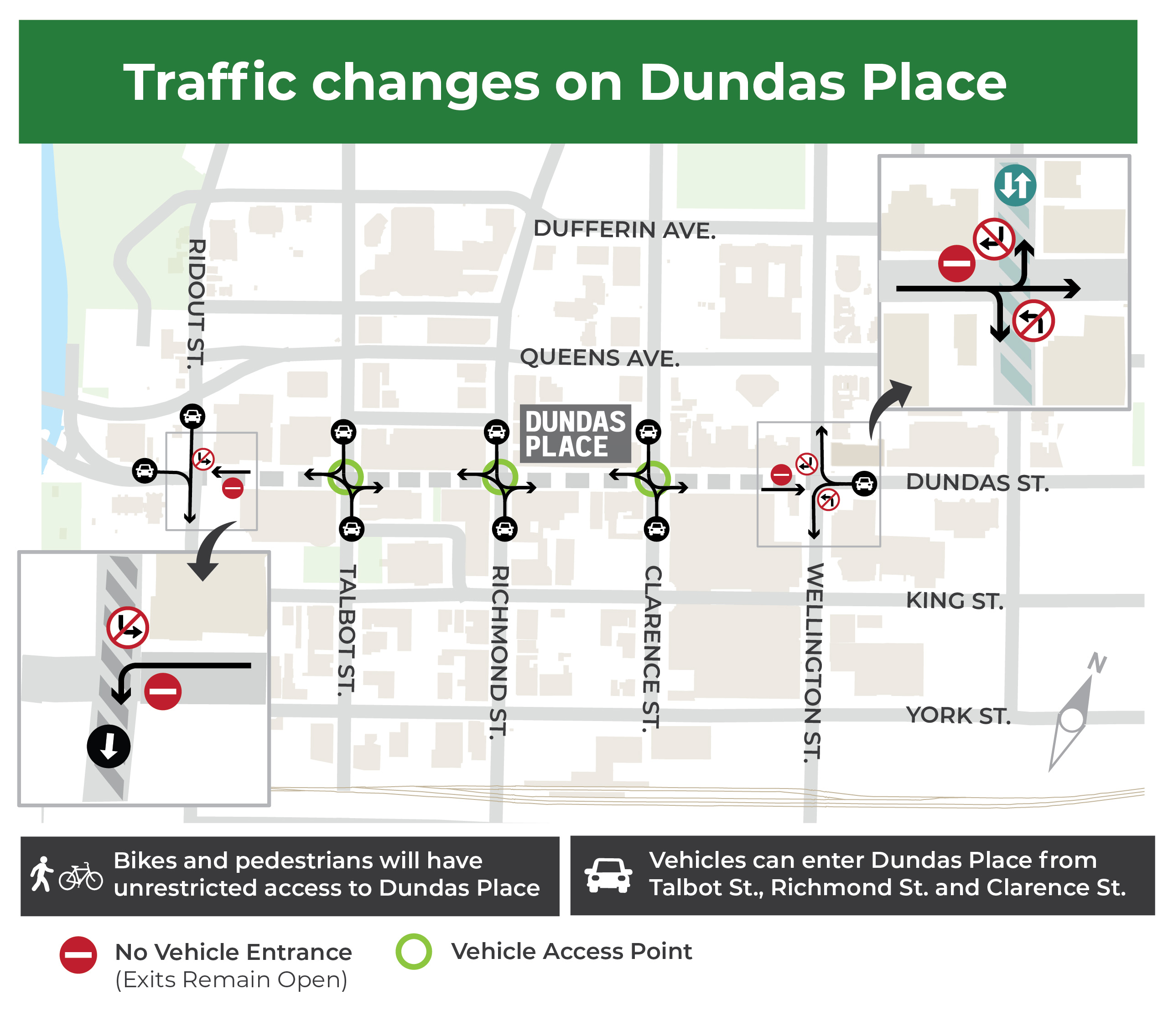 A map graphic showing traffic diversions on Dundas Place to support safety and mobility for all during construction. 