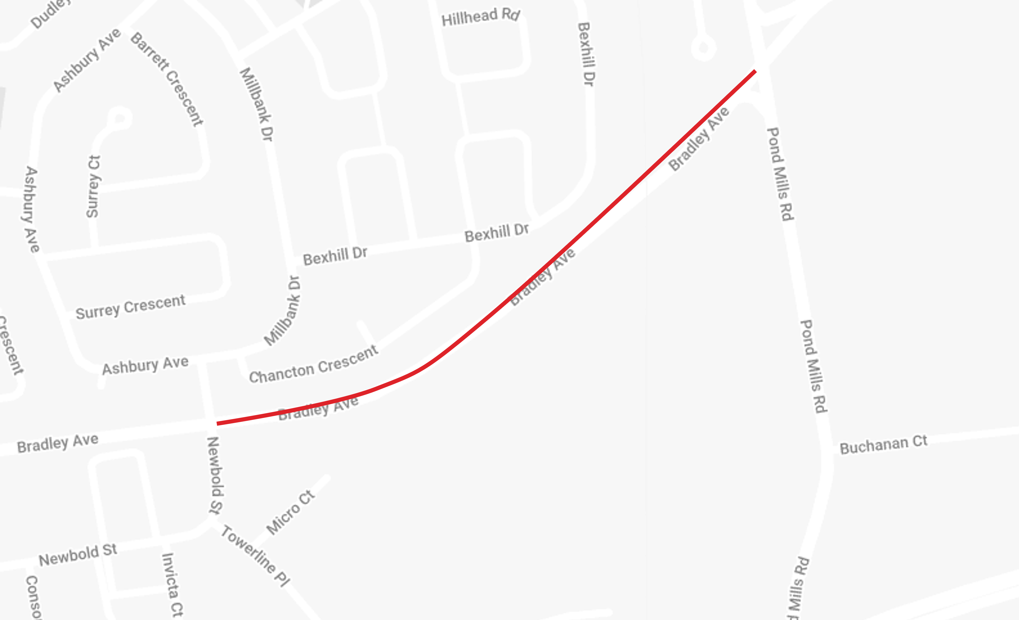 A map of the Bradley Avenue road closure between and Pond Mills Road and Millbank Drive