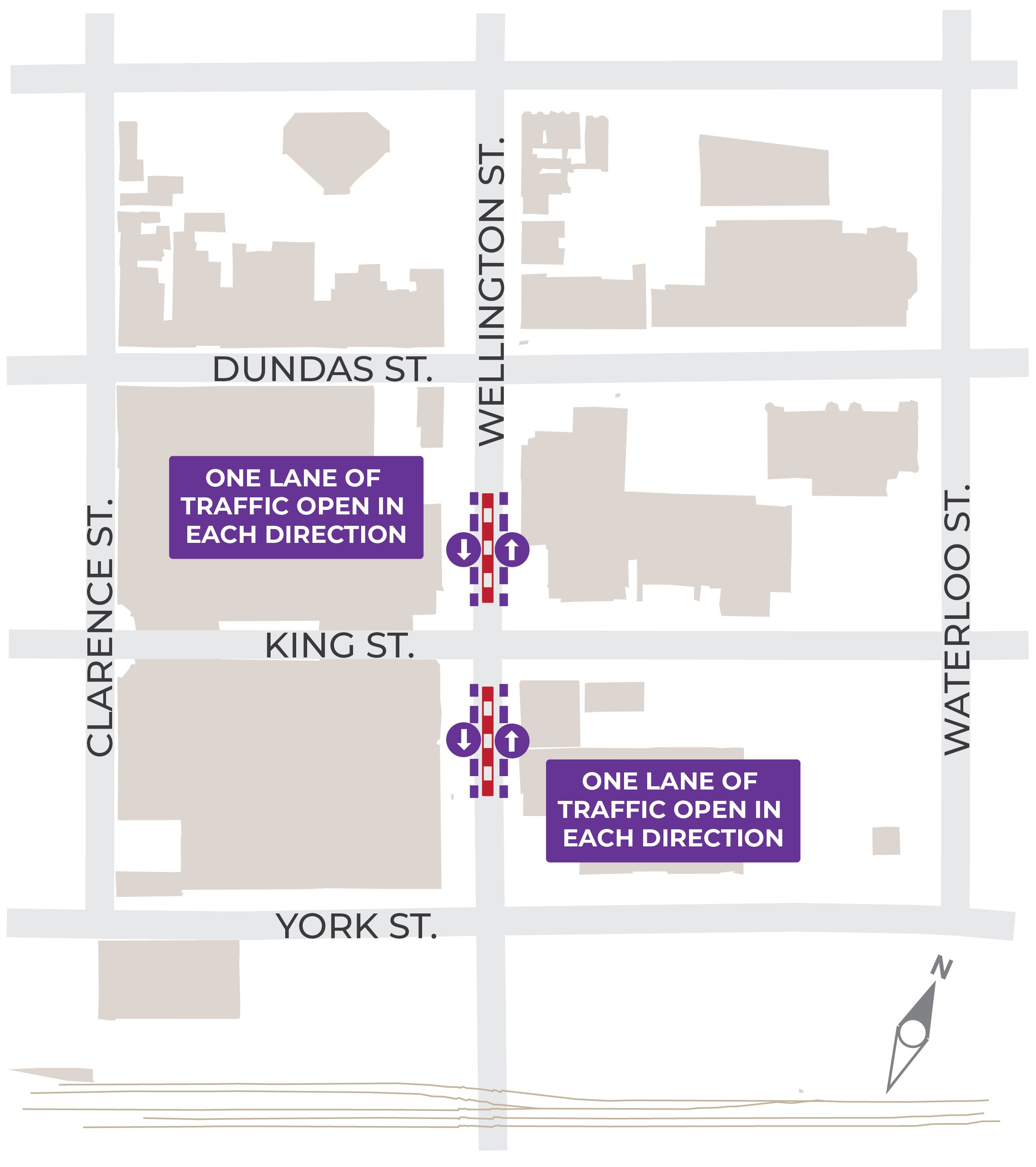 Map of lane reductions on Wellington Street between Dundas and York Street