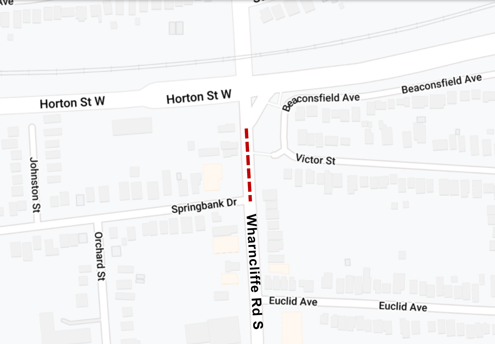 Map graphic showing lane restrictions on Wharncliffe Rd S, Springbank to Horton