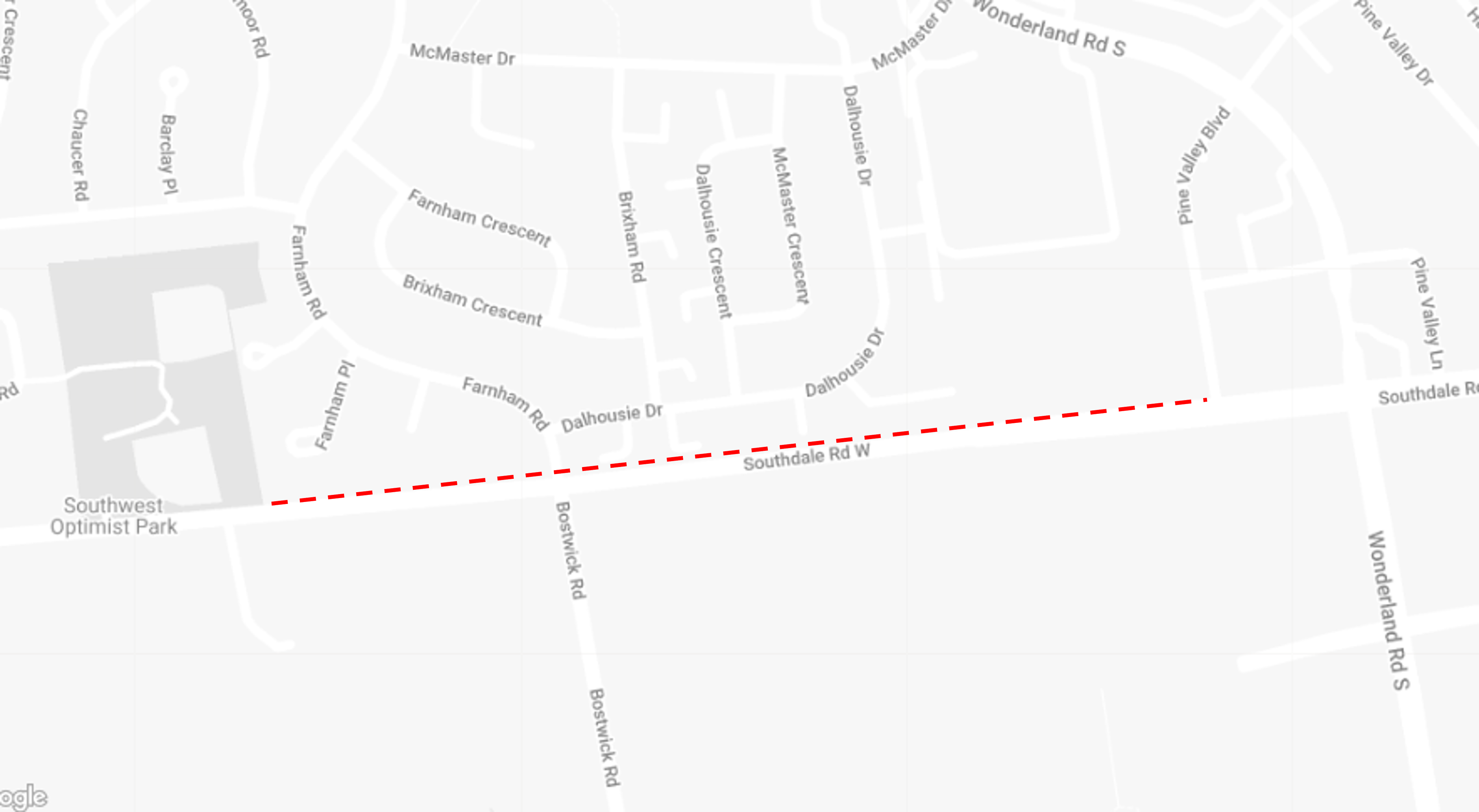 A map of the Southdale Road West lane restrictions from west of Bostwick Road to Wonderland Road South.