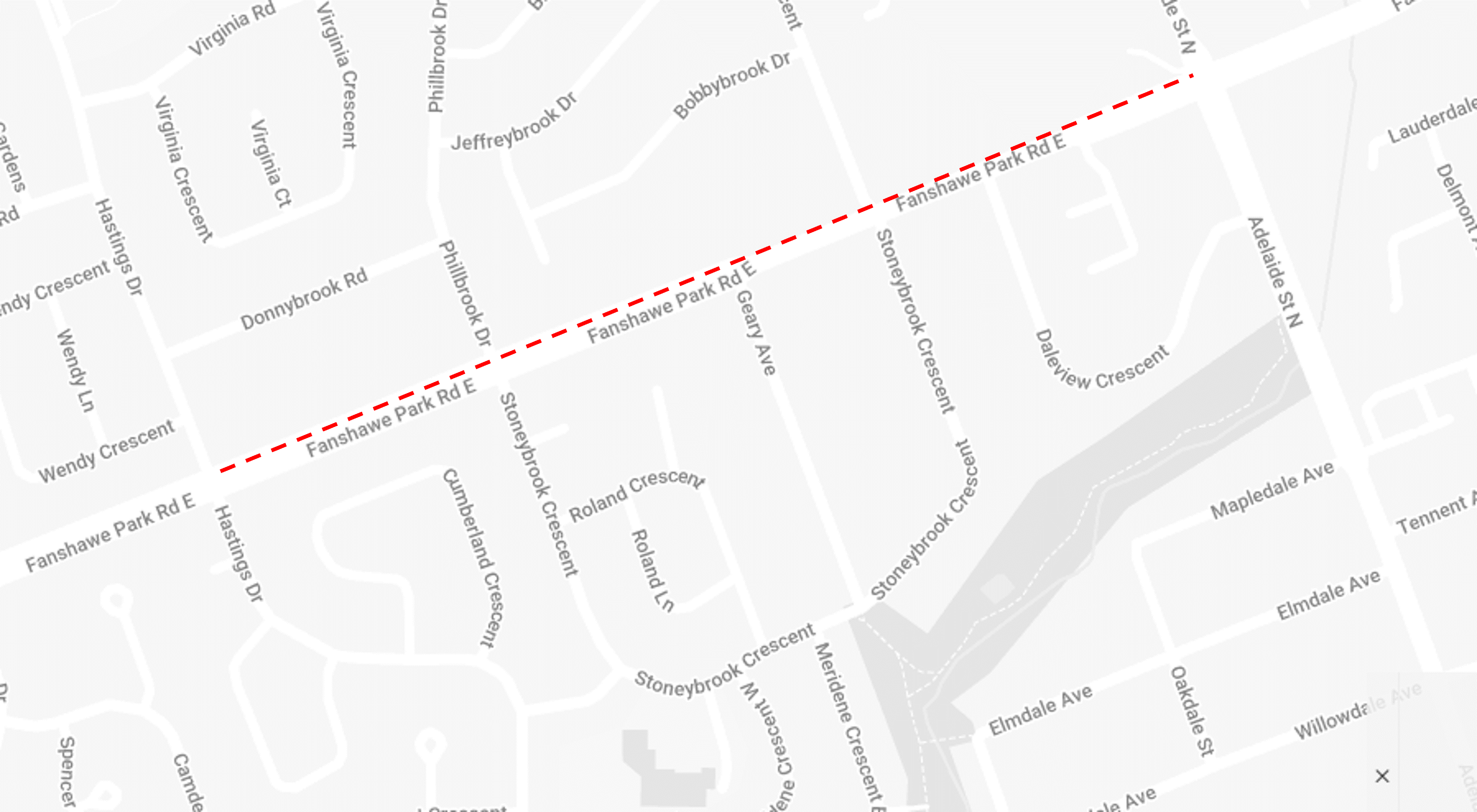 A map of the lane restrictions on Fanshawe Park Road East between Adelaide Street North and Hastings Drive
