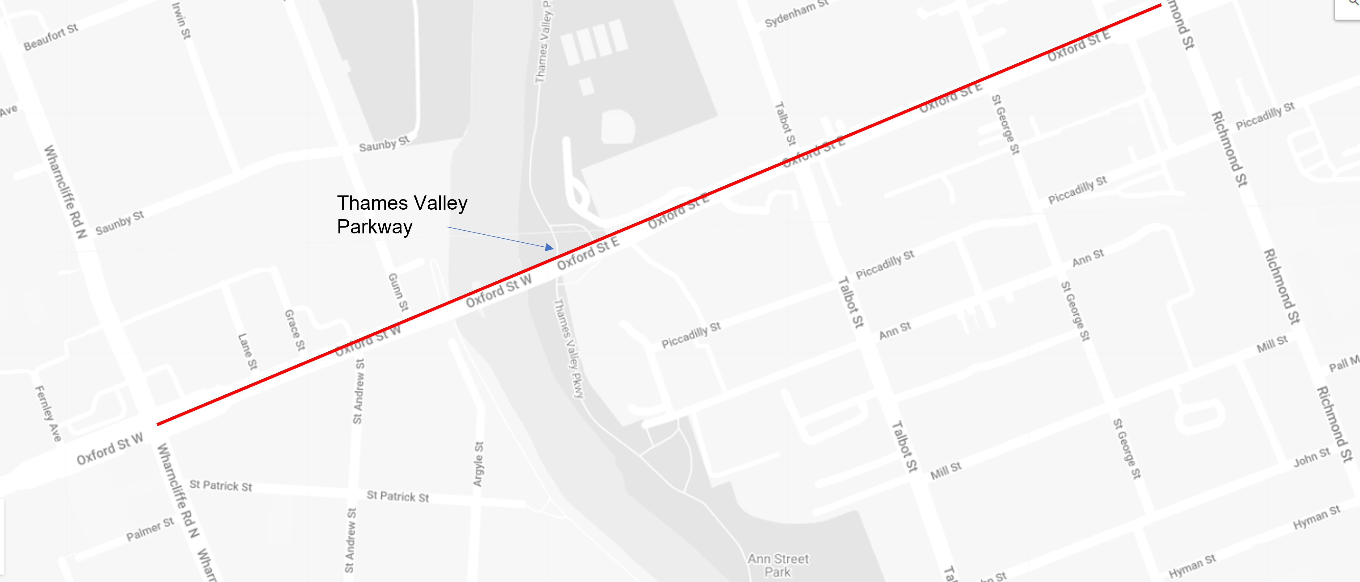 A map of the Oxford Street overnight closure between Wharncliffe Road and Richmond Street