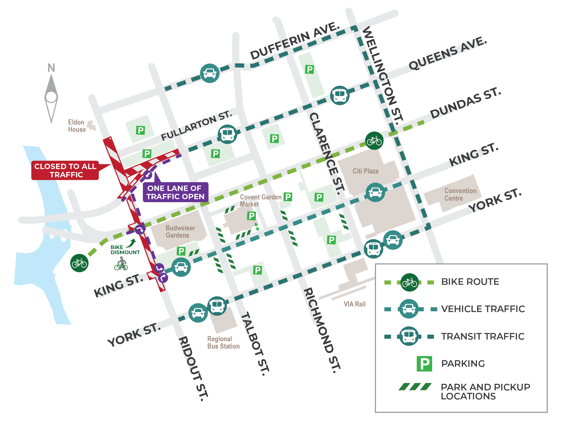 A map of the Downtown Loop construction zone and existing traffic configuration. 24-hour work will begin Monday, May 9 within the existing construction zone at Ridout Street North between Fullarton Street and Queens Avenue.