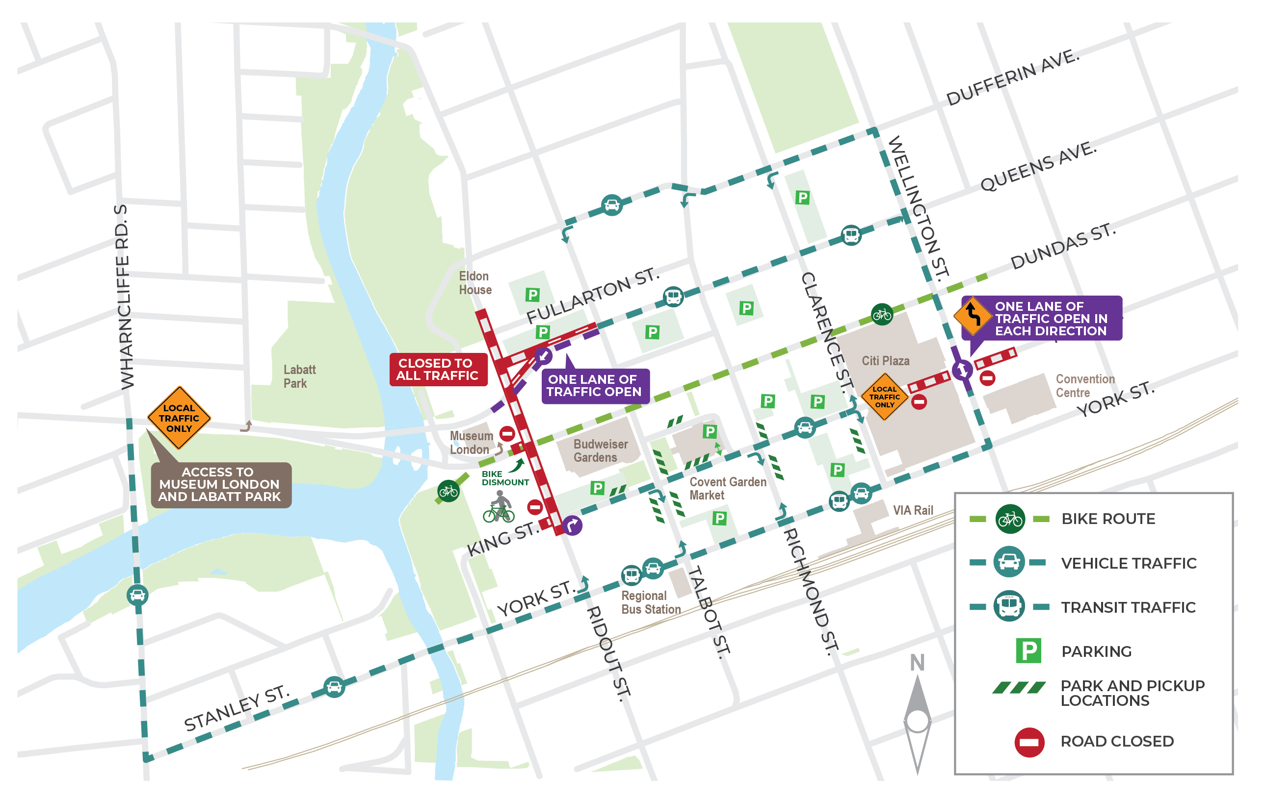 A map of upcoming traffic changes on Queens Avenue, Ridout Street North, and King Street starting Monday, May 16.