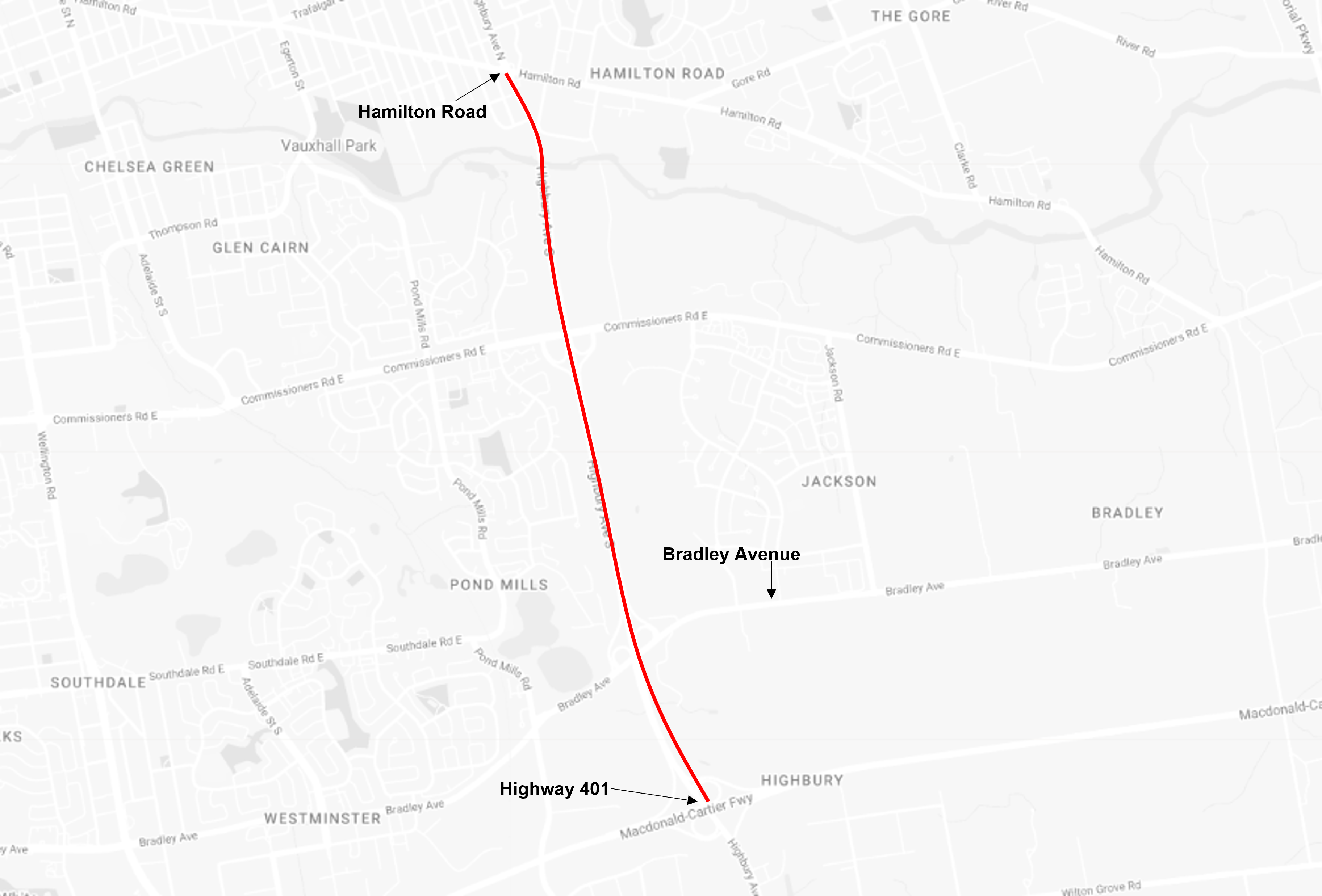 A map of the Highbury Avenue closure between Highway 401 and Hamilton Road on Wednesday, May 11, 2022.