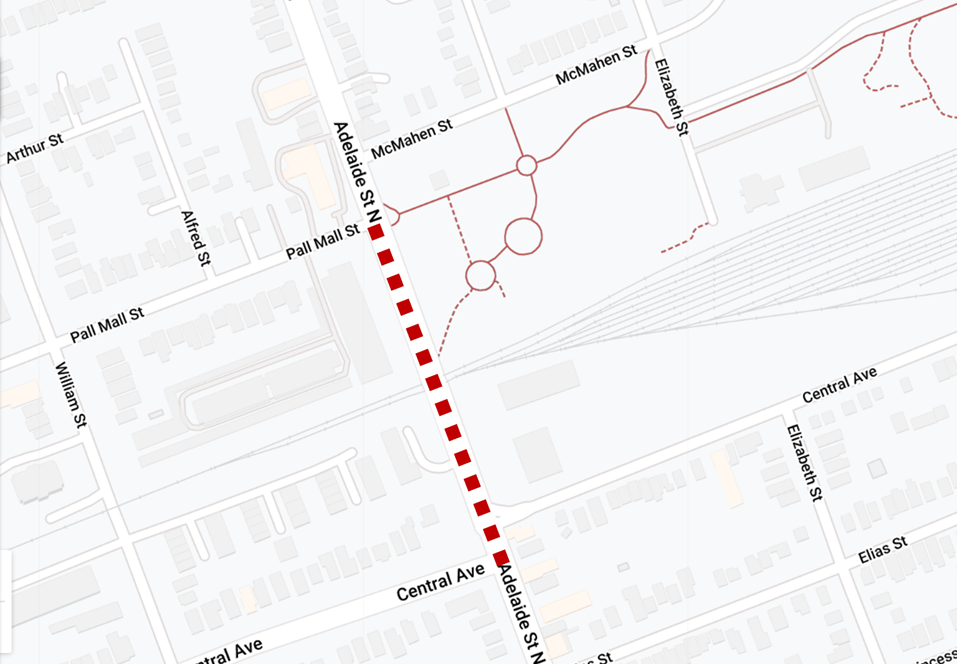 Map of lane restrictions on Adelaide St N