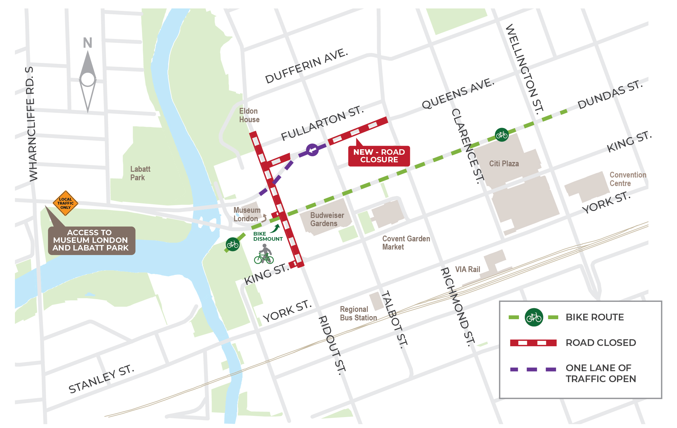 A map of the upcoming road closure on Queens Avenue between Richmond Street and Talbot Street.