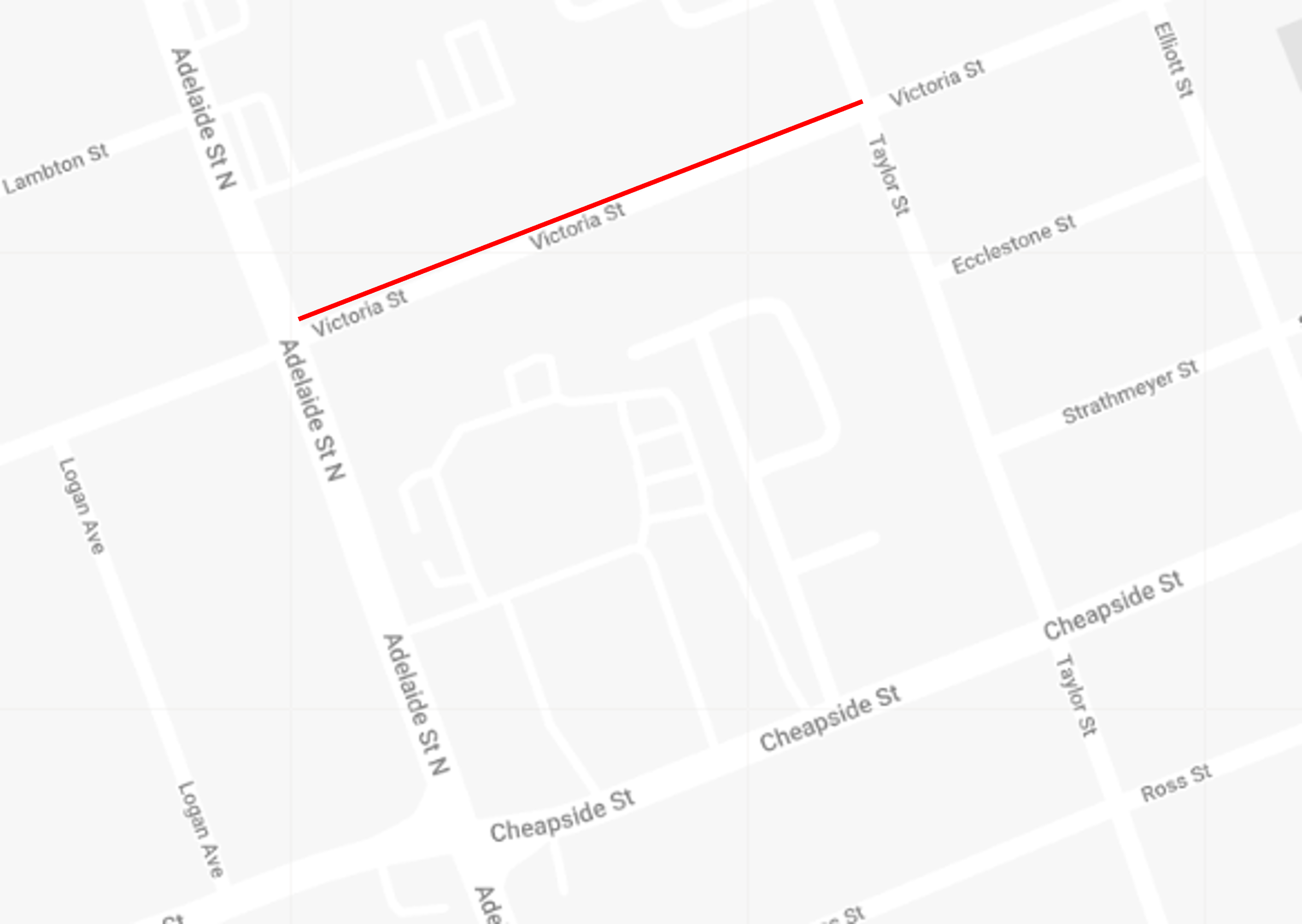 A map of the Victoria Street closure between Adelaide Street North and Taylor Street.
