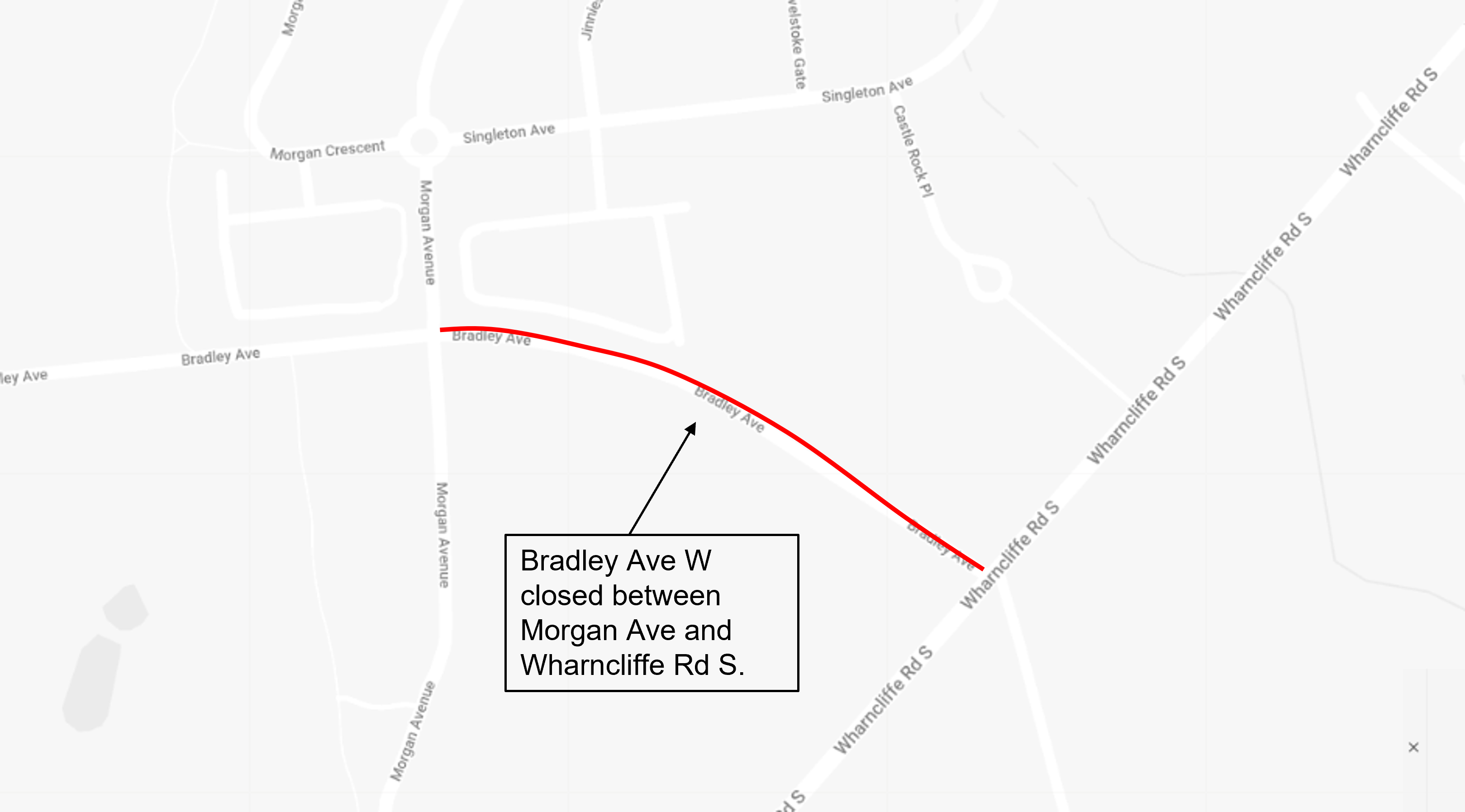 A map of the Bradley Avenue West road closure between and Morgan Avenue and Wharncliffe Road South