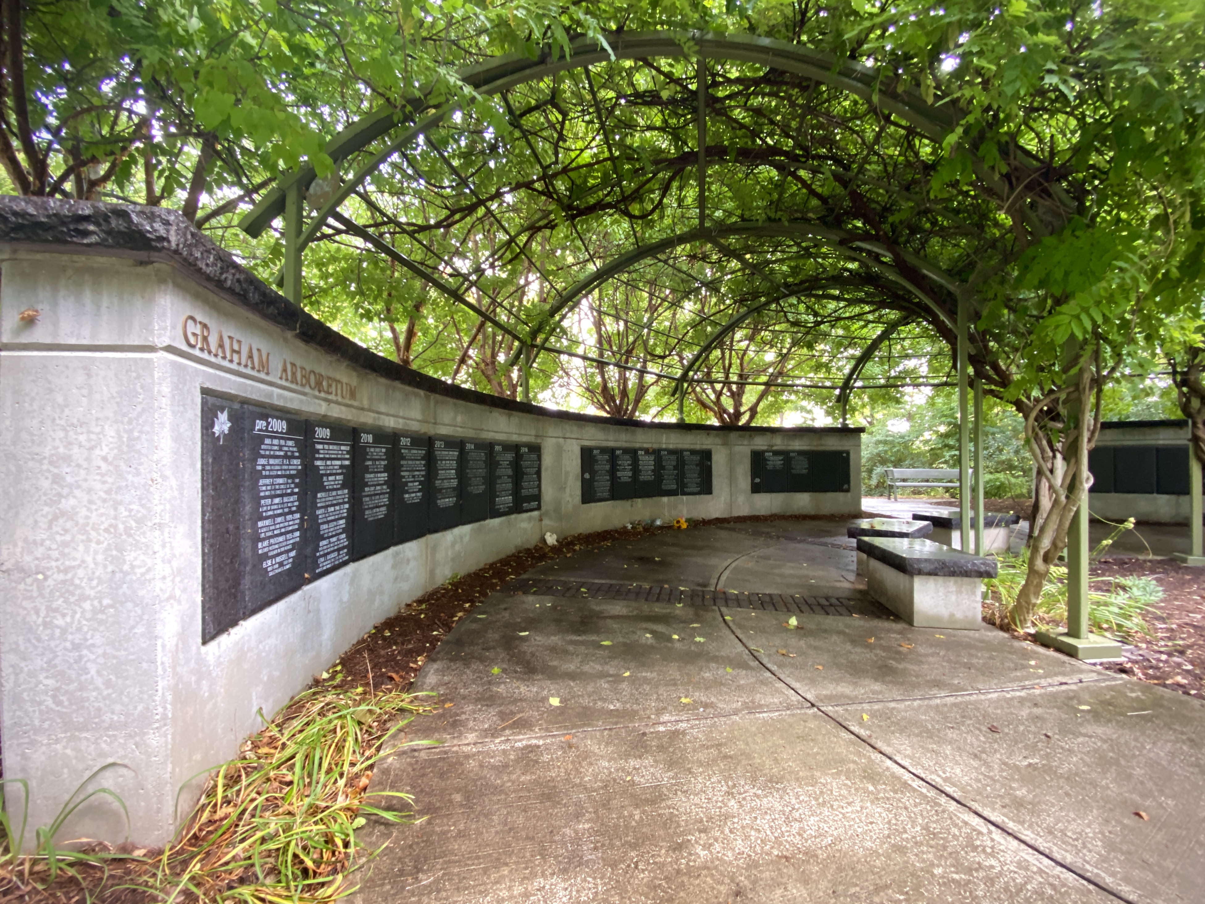 The Memory Wall in Springbank Park covered by greenery on a summer day. 