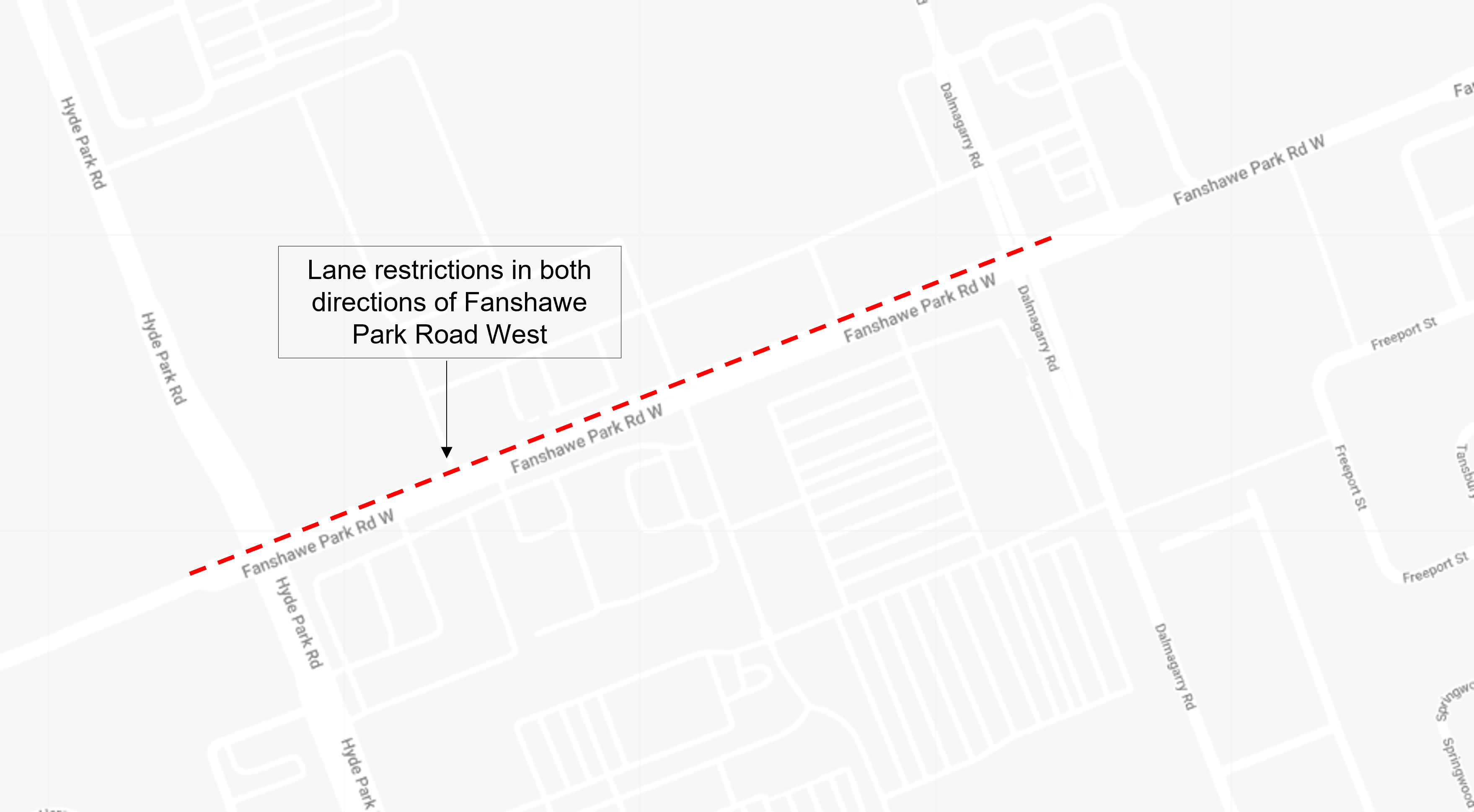 Above: A map of the Fanshawe Park Road West lane restrictions from west of Hyde Park Road to east of Dalmagarry Road.