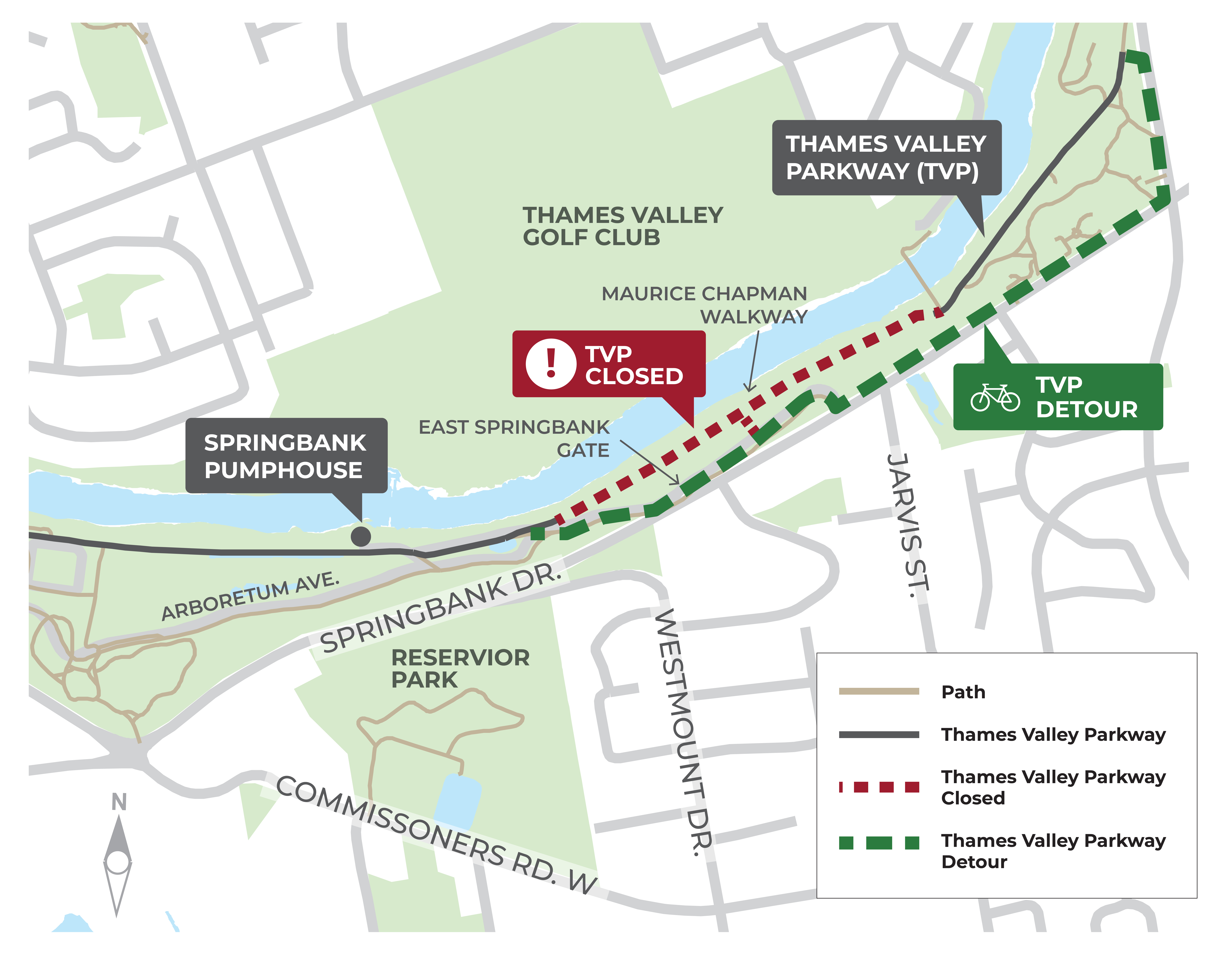 A map of the Thames Valley Parkway closure between the Springbank Pumphouse and the pedestrian bridge across the Thames River. Contact cocc@london.ca for assistance. 