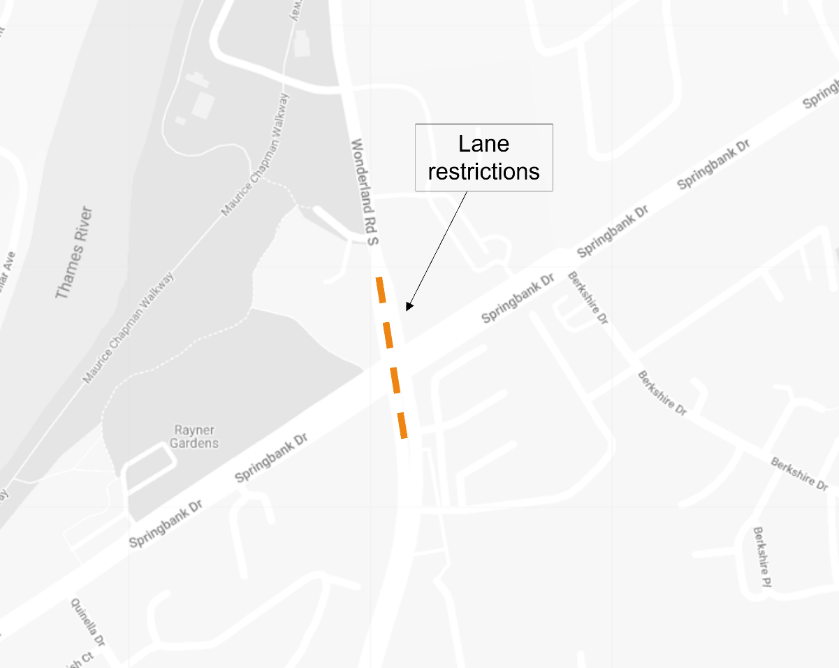 Lane restrictions on Wonderland and Springbank Drive