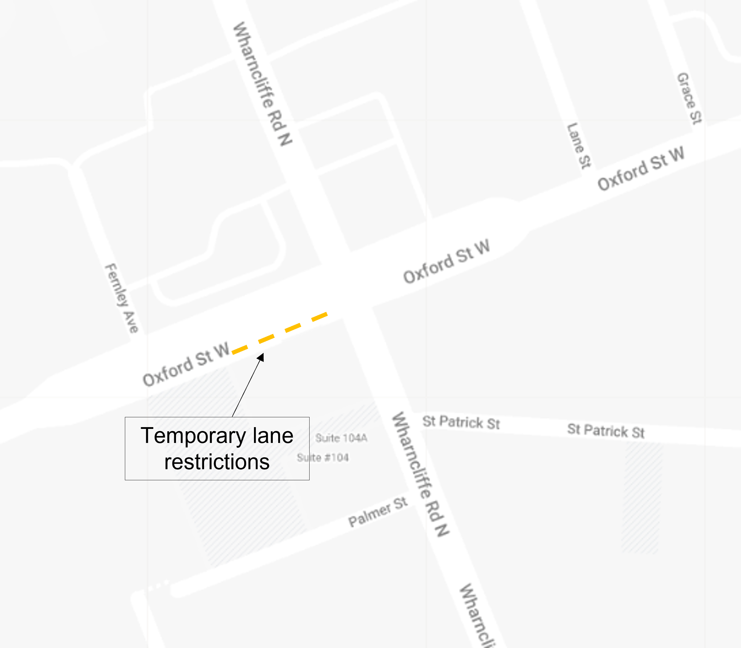 A map of the temporary lane restrictions on Oxford Street West, west of Wharncliffe