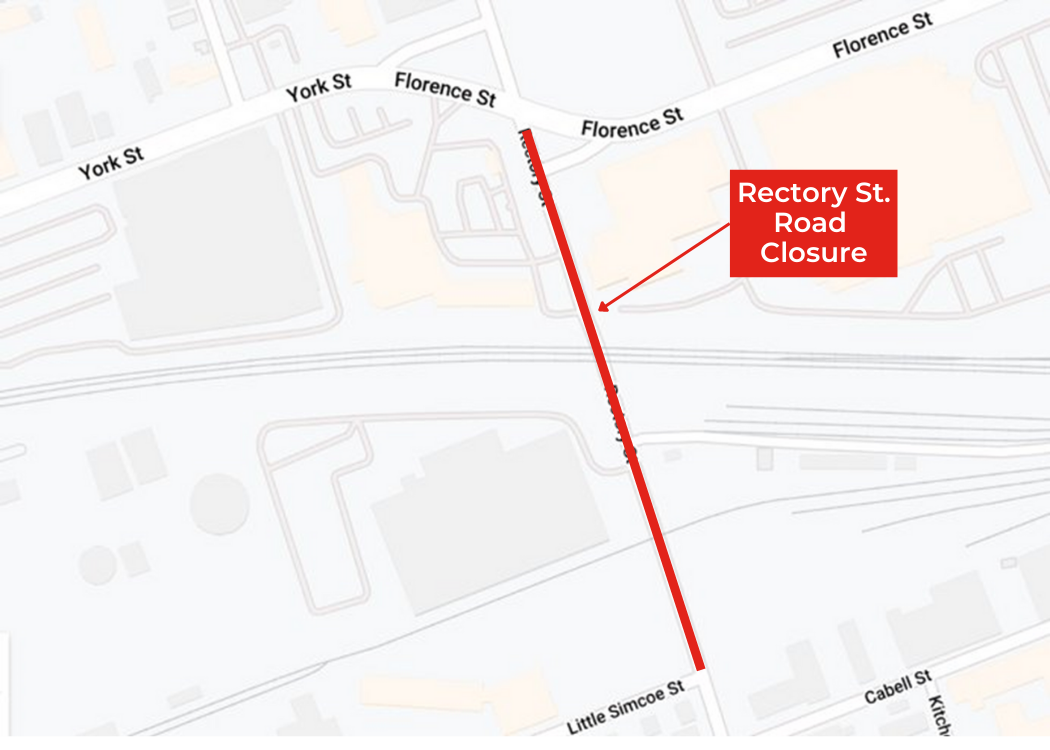 Above: A map of the Rectory Street closure between Florence Street and Little Simcoe Street.
