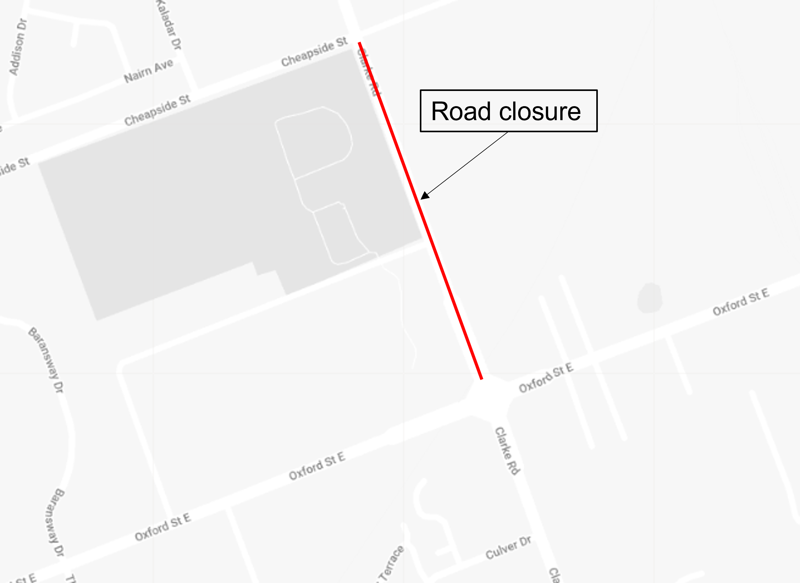 A map of the Clarke Road closure between Oxford Street East and Cheapside Street.
