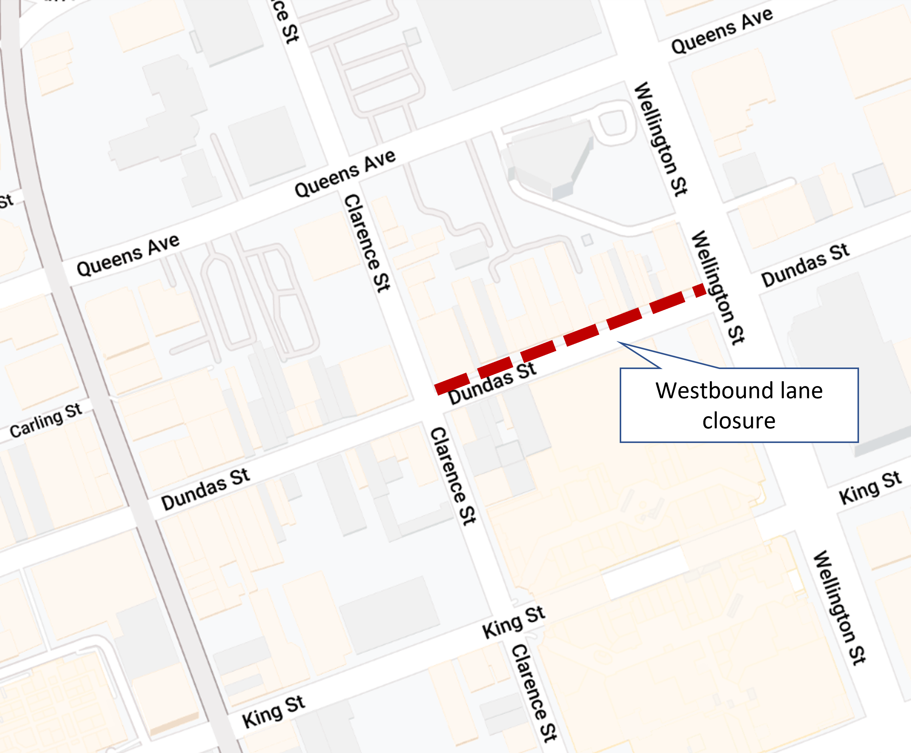 westbound lane closure on Dundas Street between Wellington and Clarence