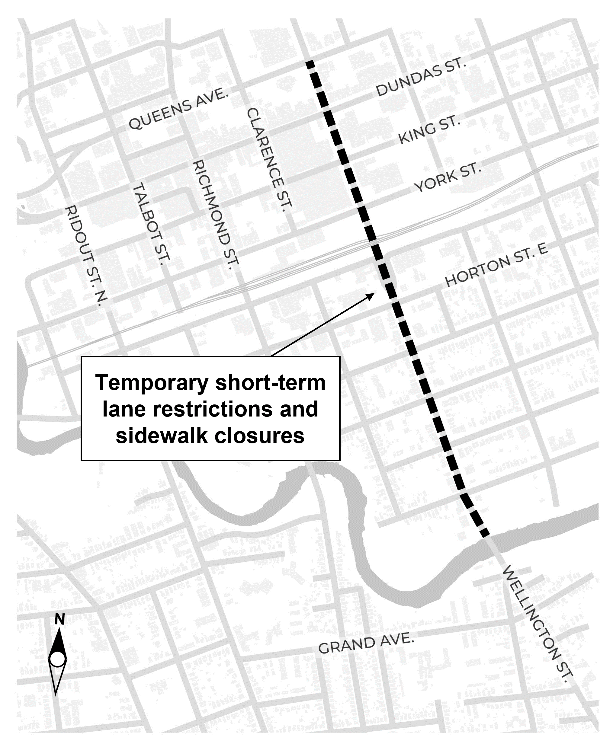 A map showing the advance tree removal work area on Wellington Street from Queens Avenue to the south branch of the Thames River.